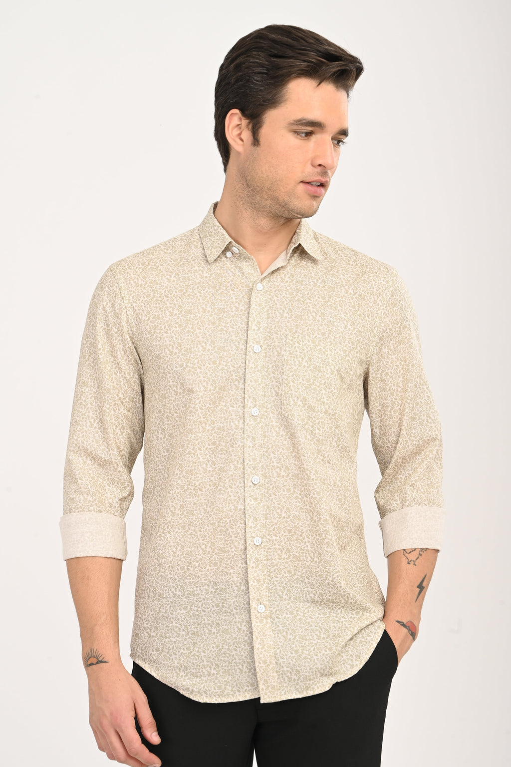 Men's Beige Geometric Print Single Pocket Shirt