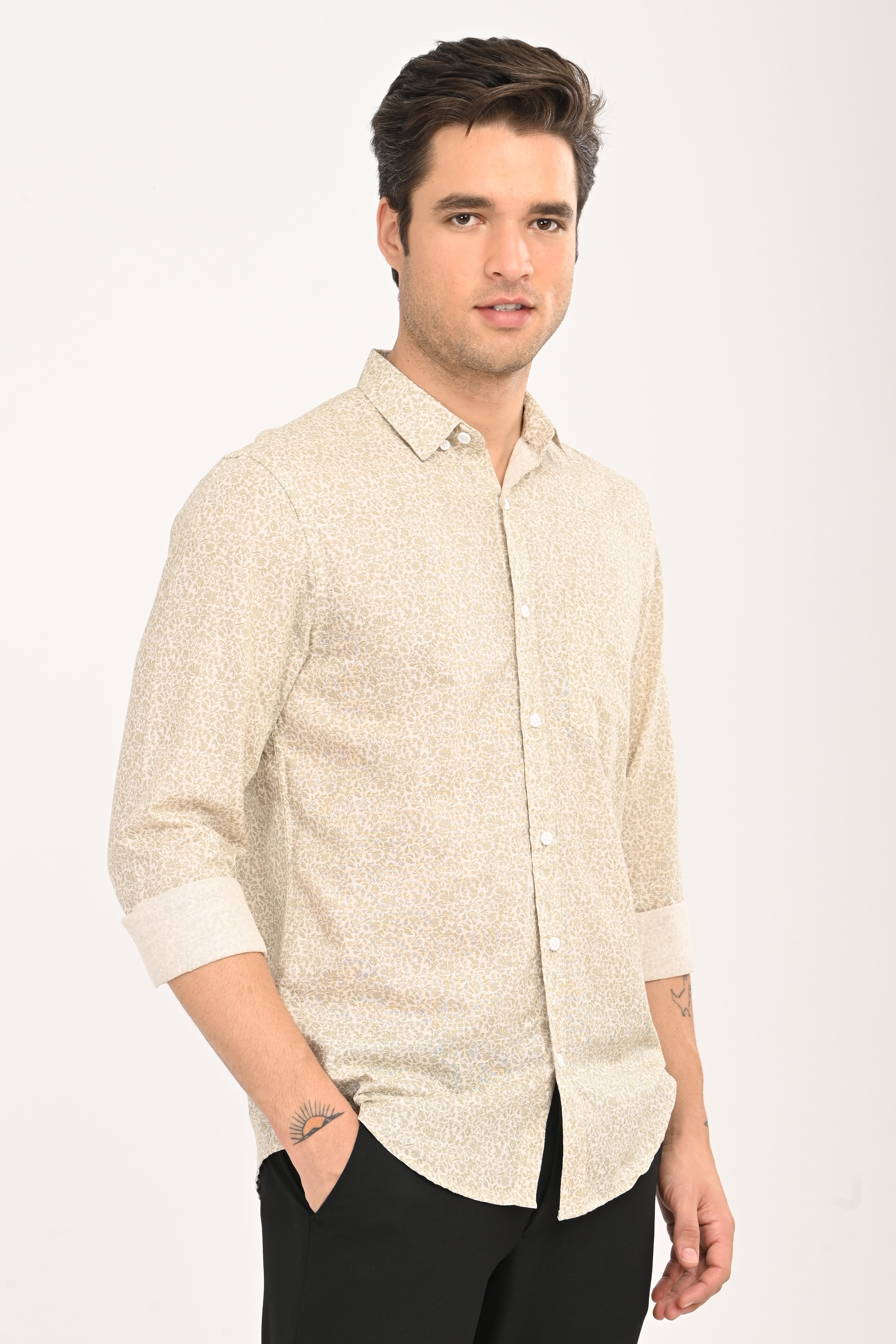 Men's Beige Geometric Print Single Pocket Shirt