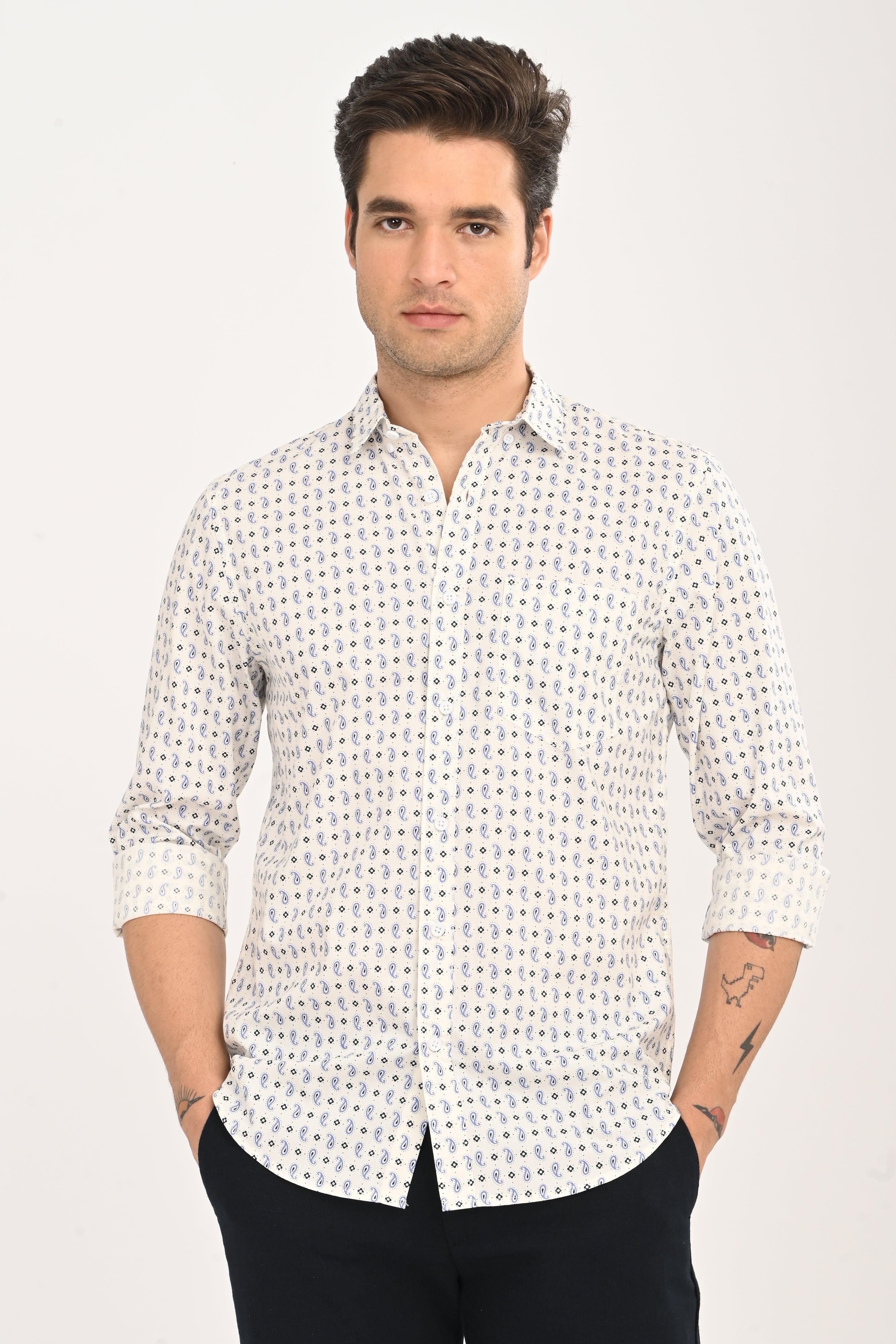Men's White Micro Print Slim Fit Casual Shirt