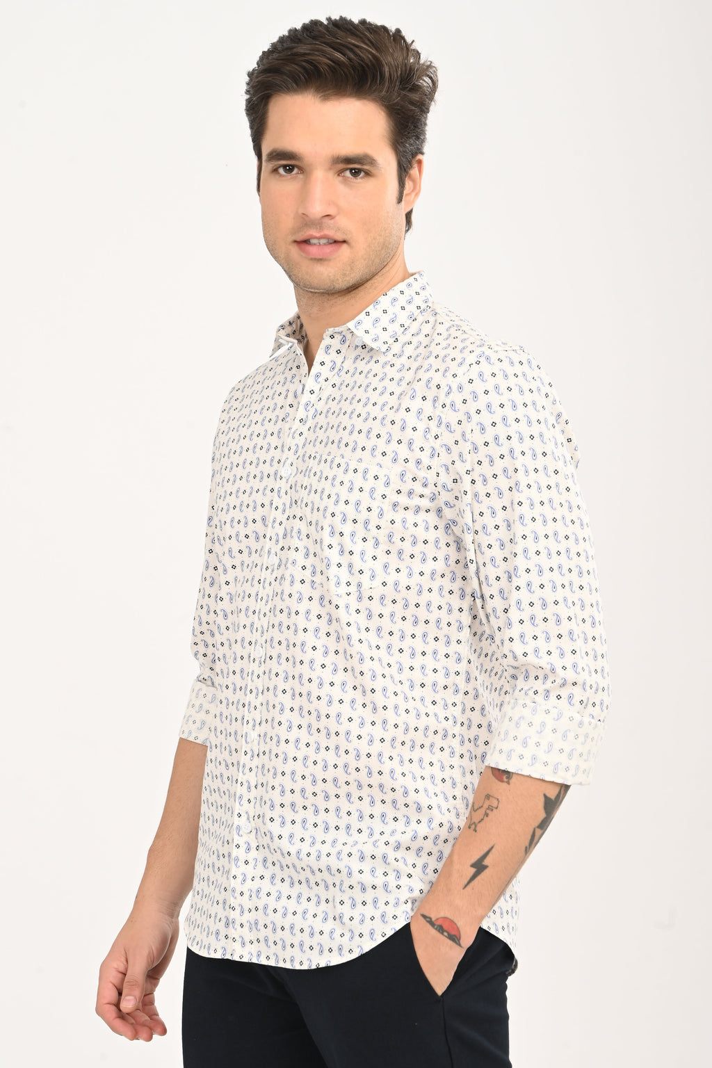 Men's White Micro Print Slim Fit Casual Shirt