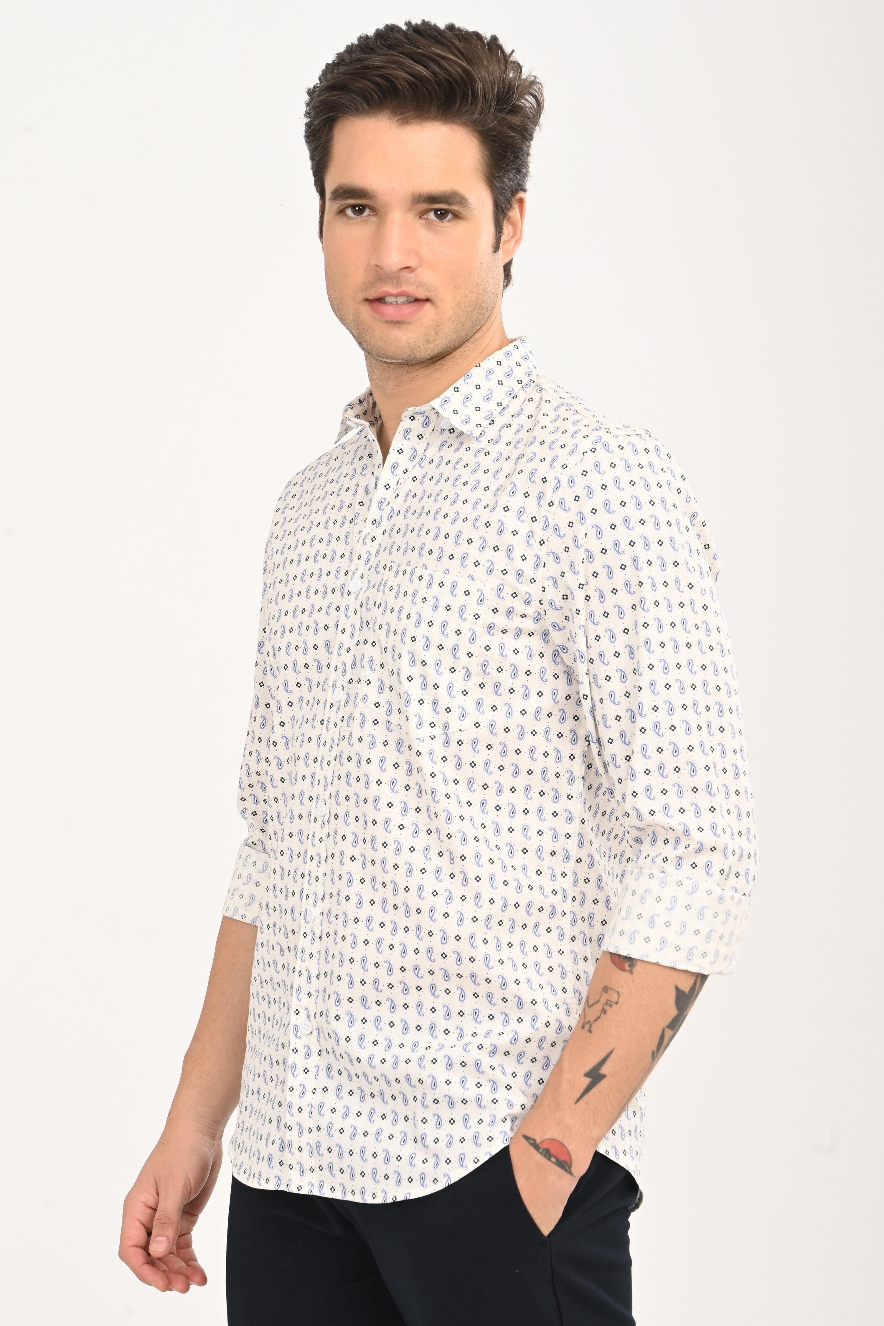 Men's White Micro Print Slim Fit Casual Shirt
