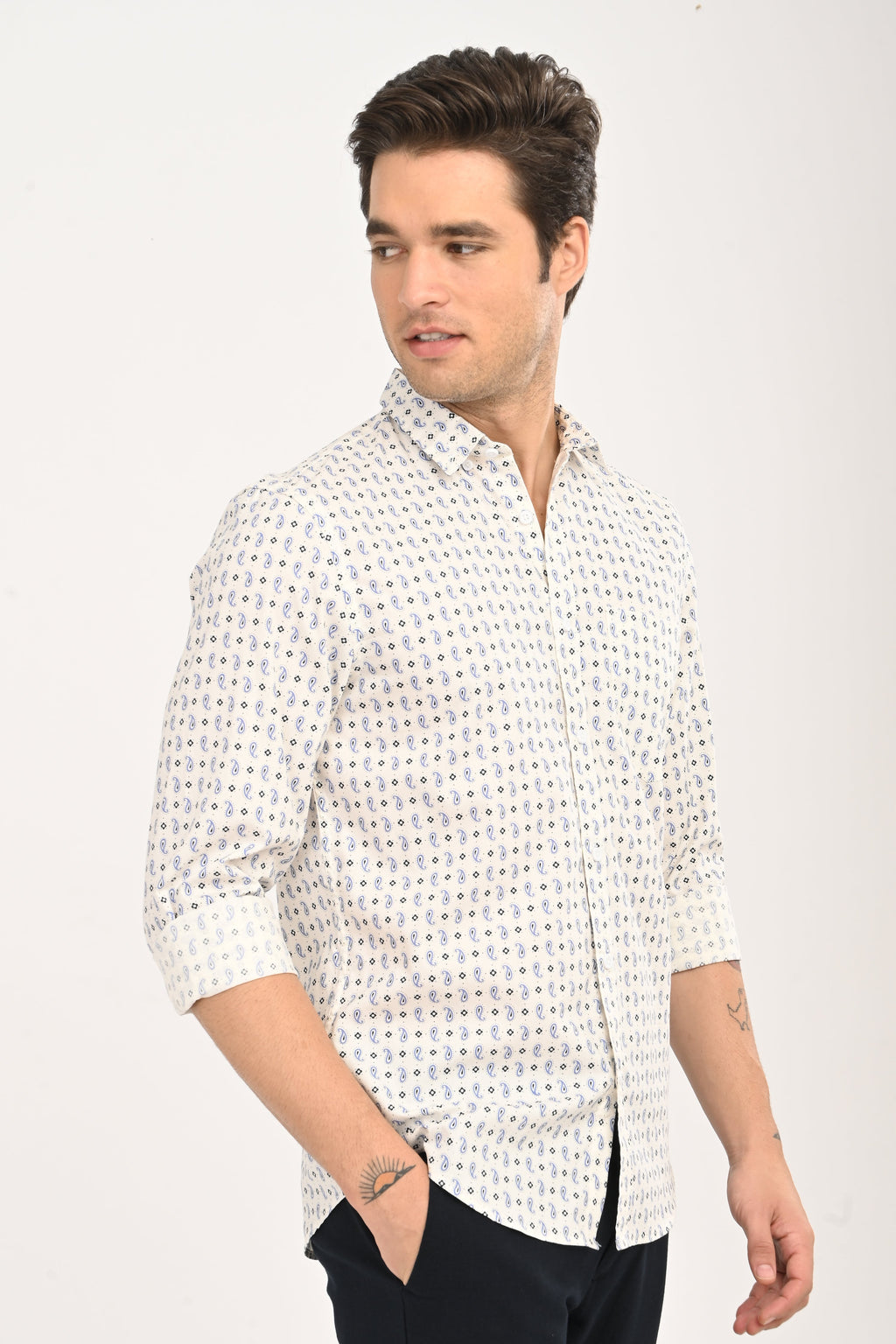 Men's White Micro Print Slim Fit Casual Shirt