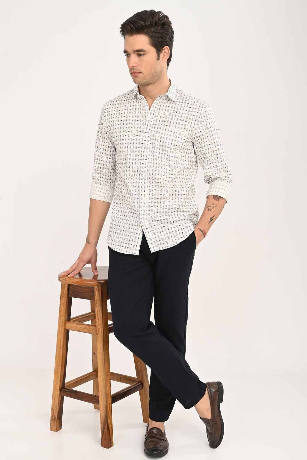 Men's White Micro Print Slim Fit Casual Shirt