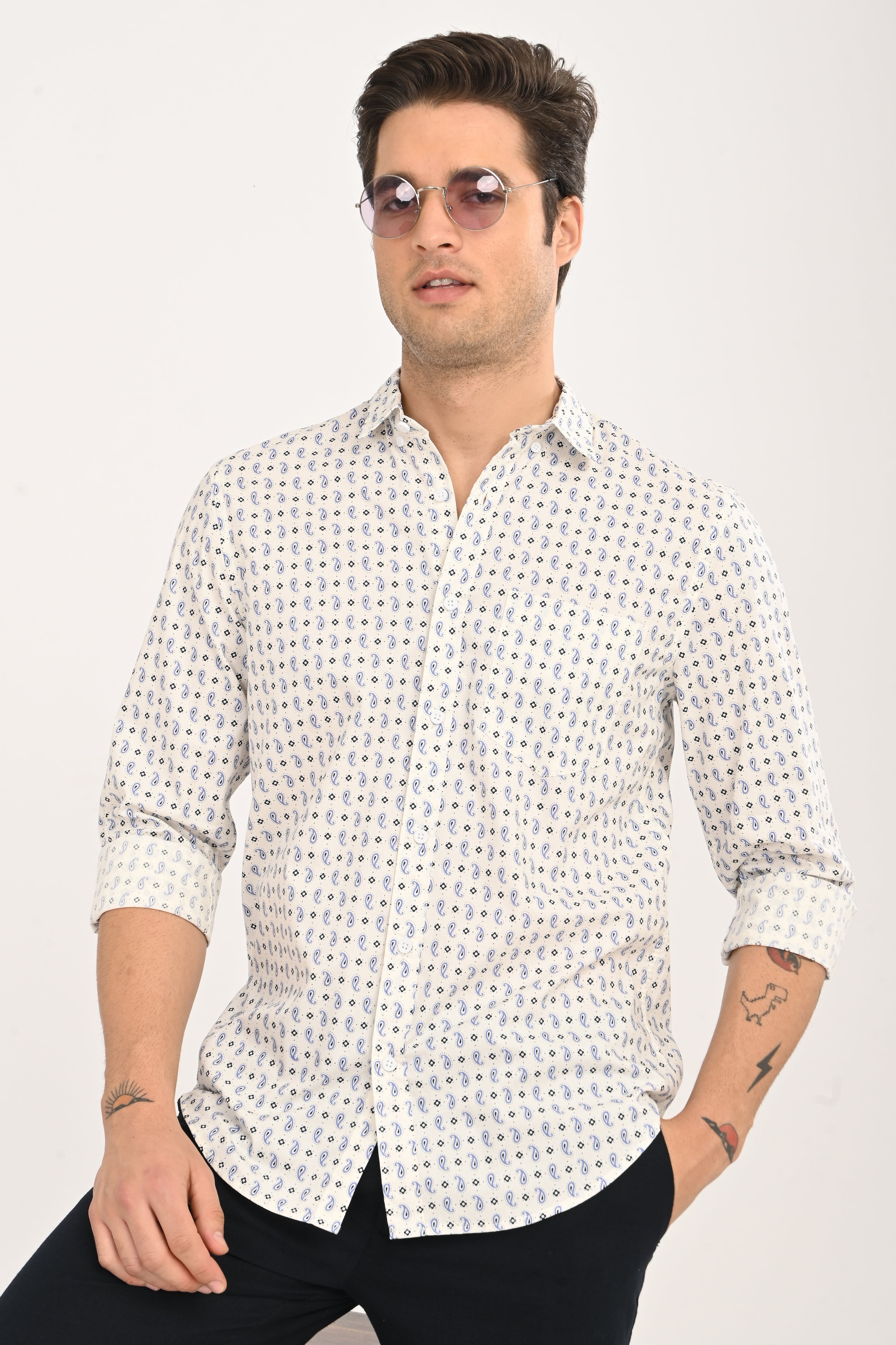 Men's White Micro Print Slim Fit Casual Shirt