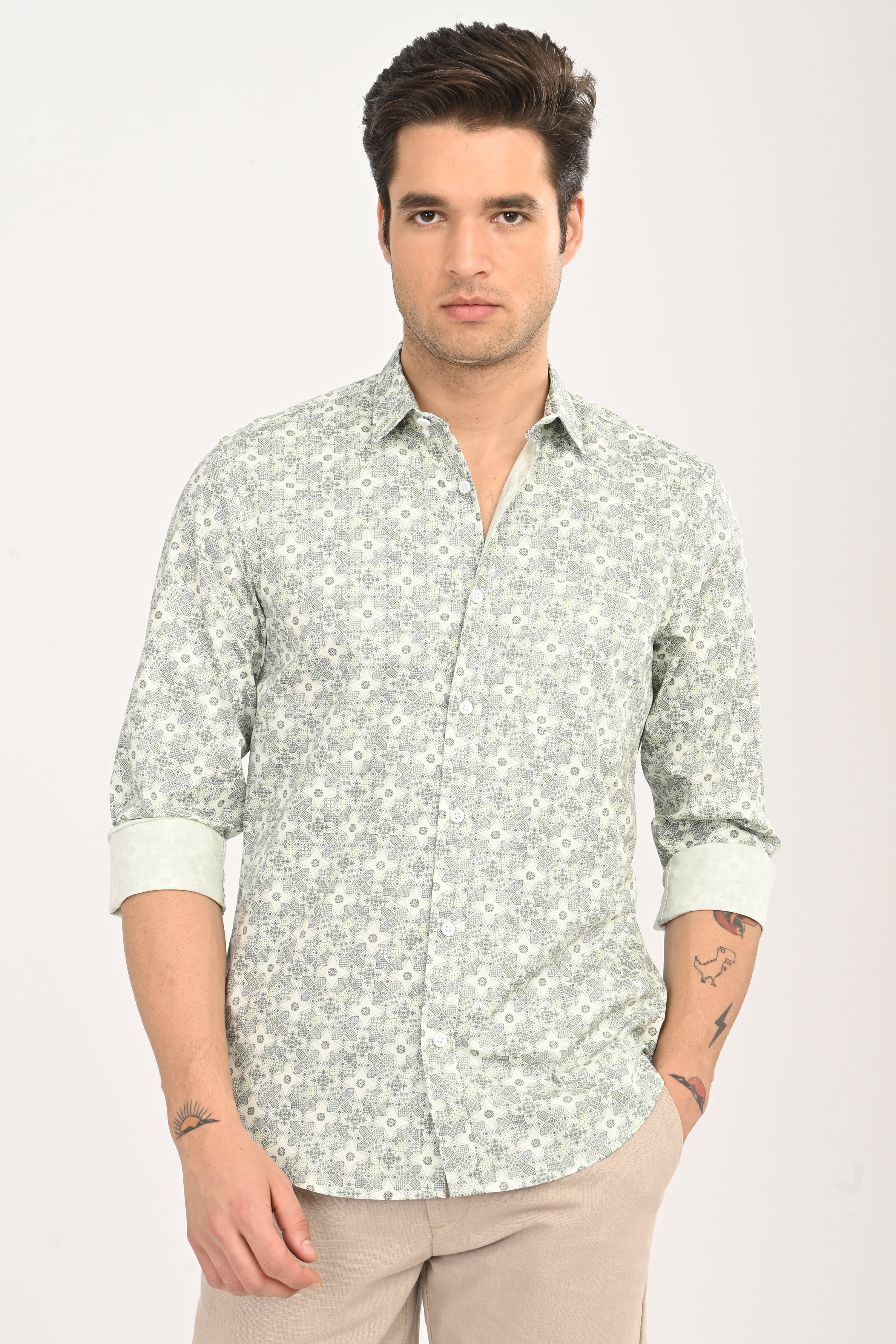 Green Floral Print Cotton Shirt