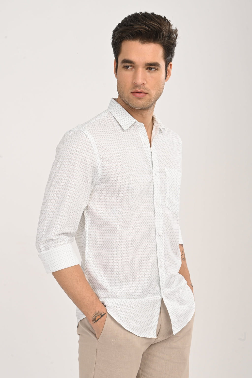 White Cotton Slim Fit Floral Print Shirt