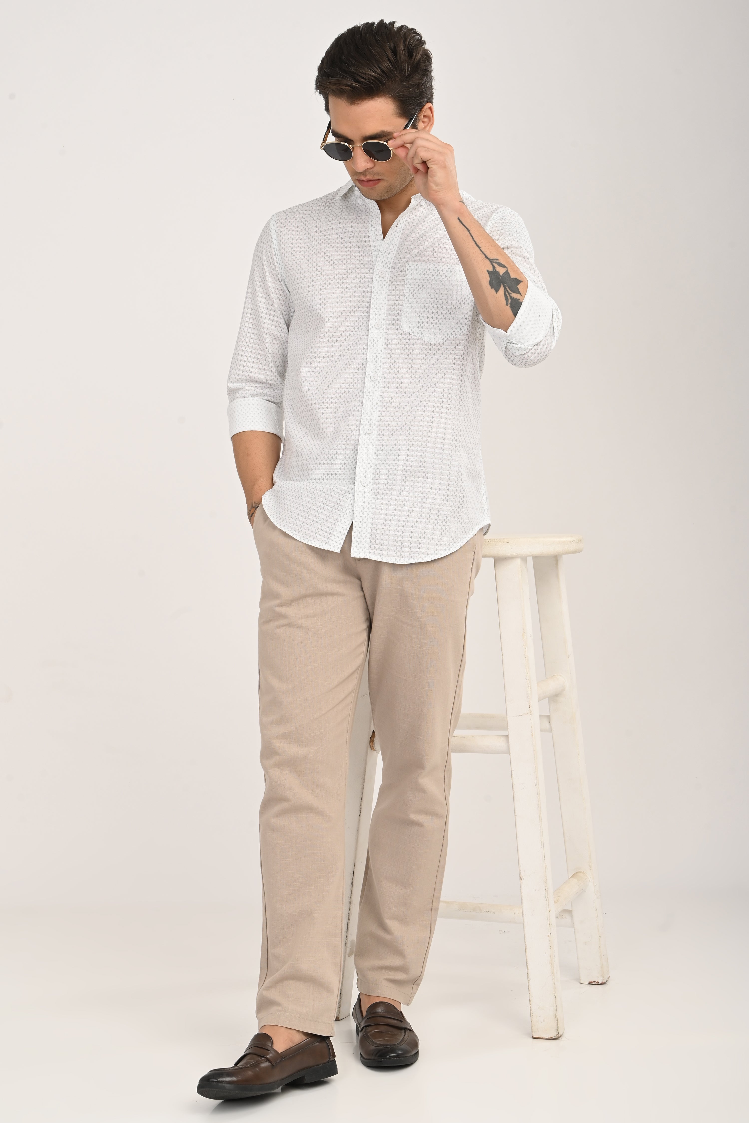 White Cotton Slim Fit Floral Print Shirt