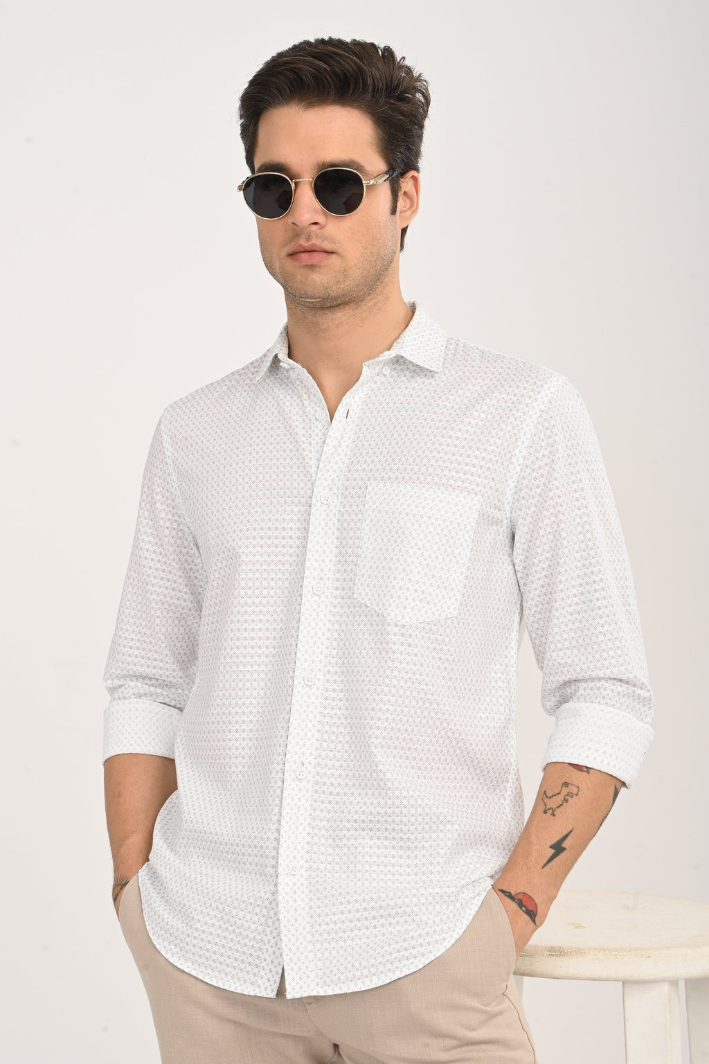 White Cotton Slim Fit Floral Print Shirt
