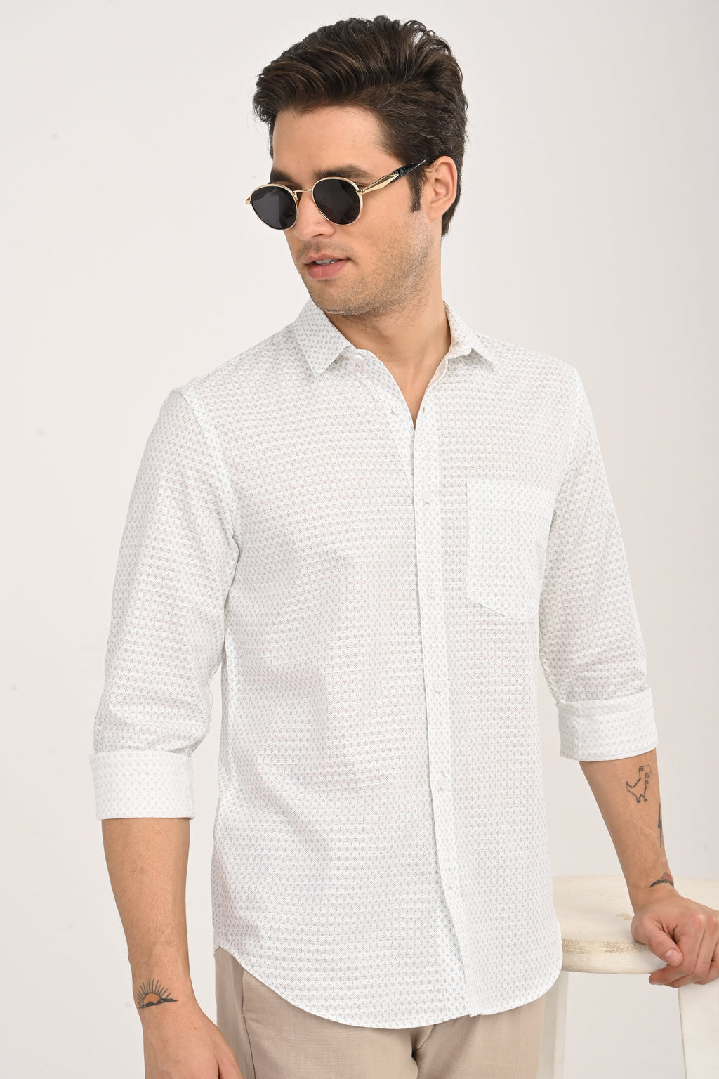White Cotton Slim Fit Floral Print Shirt