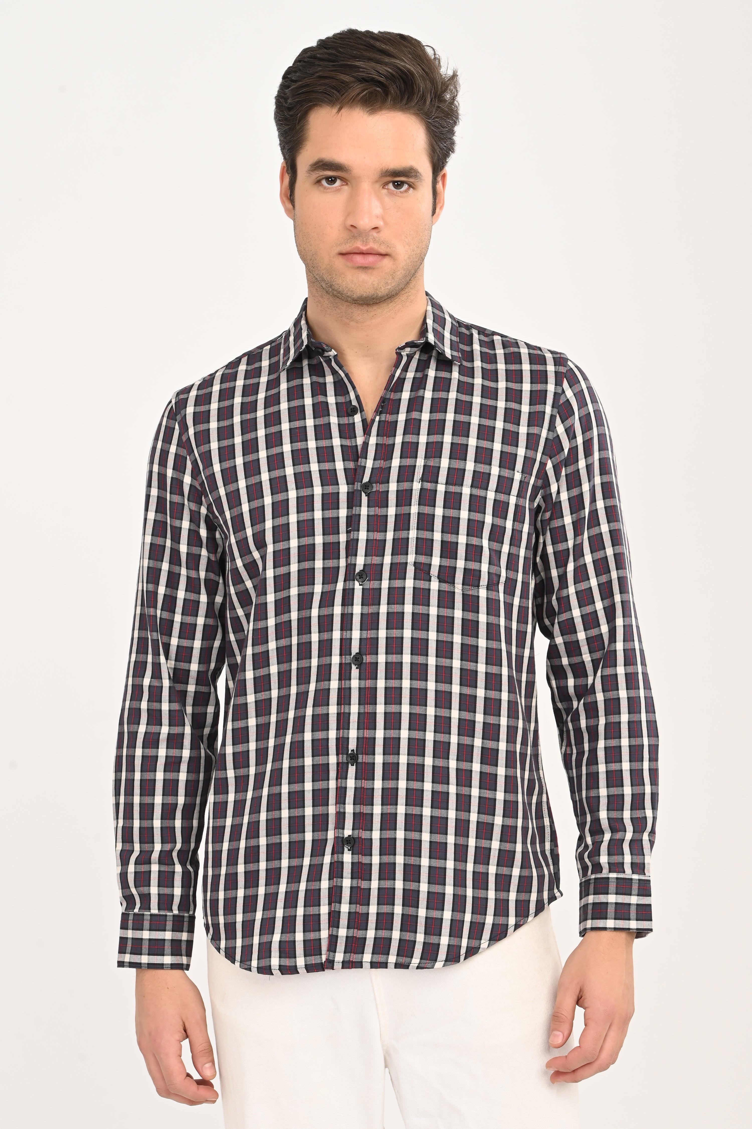 Men’s Slim Fit Checkered Shirt – Grey & Red Plaid Casual Long Sleeve Button-Down