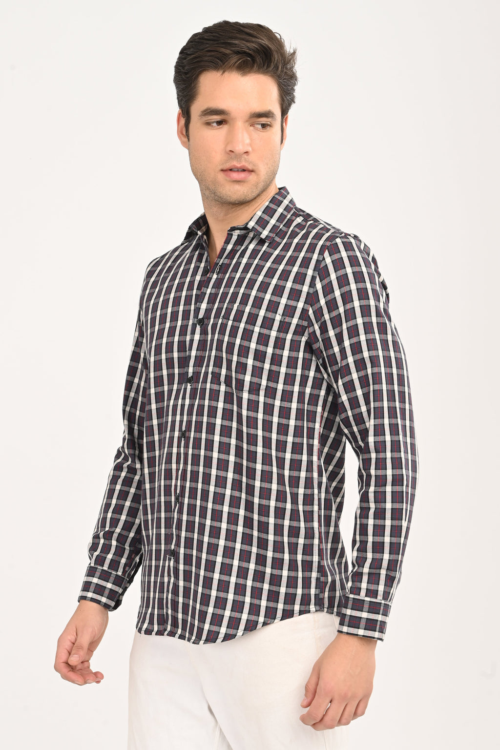 Men’s Slim Fit Checkered Shirt – Grey & Red Plaid Casual Long Sleeve Button-Down