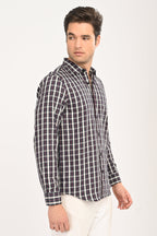 Men’s Slim Fit Checkered Shirt – Grey & Red Plaid Casual Long Sleeve Button-Down