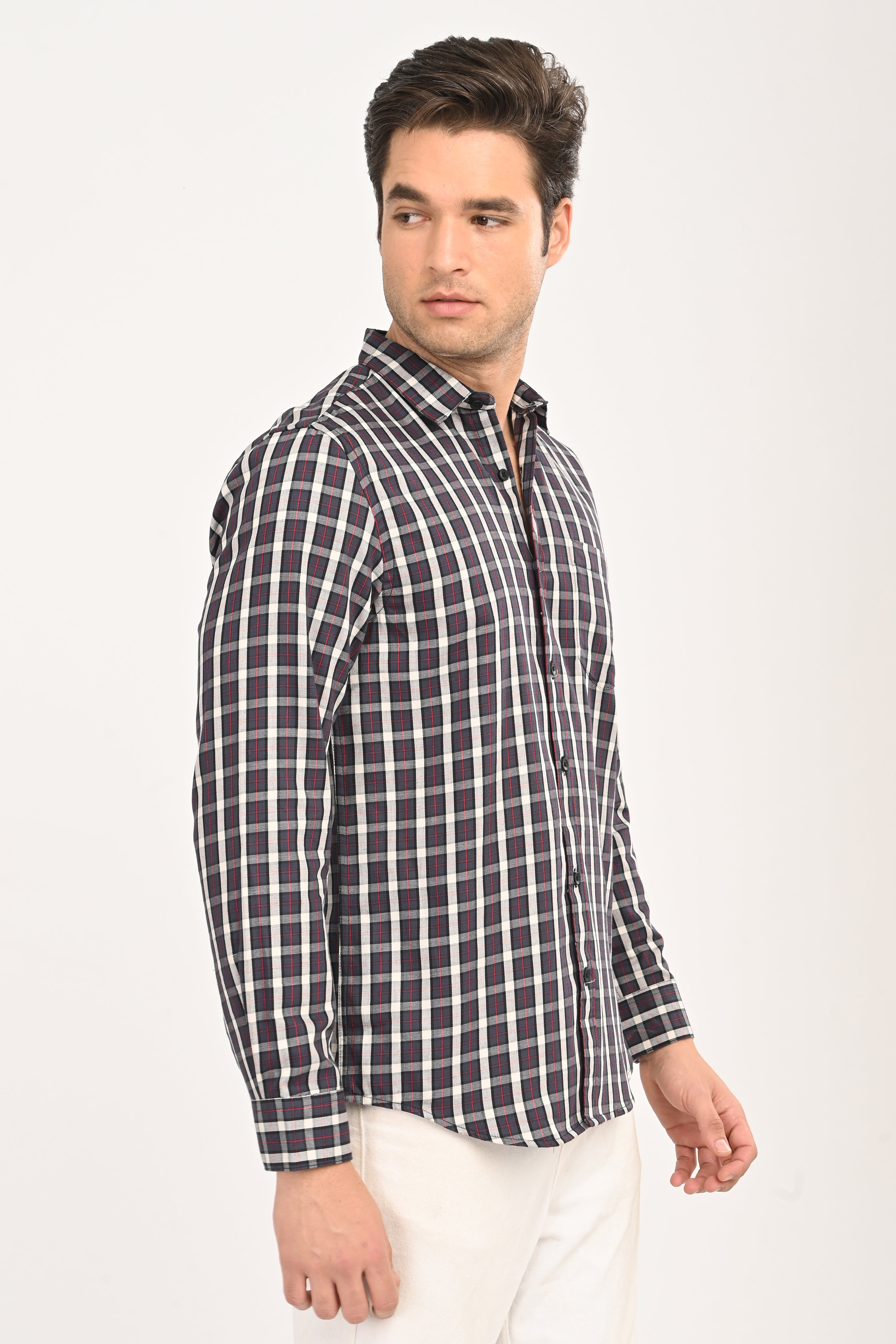 Men’s Slim Fit Checkered Shirt – Grey & Red Plaid Casual Long Sleeve Button-Down