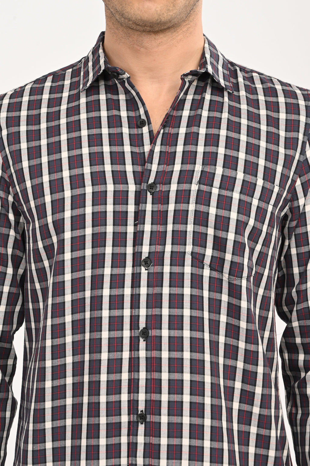 Men’s Slim Fit Checkered Shirt – Grey & Red Plaid Casual Long Sleeve Button-Down