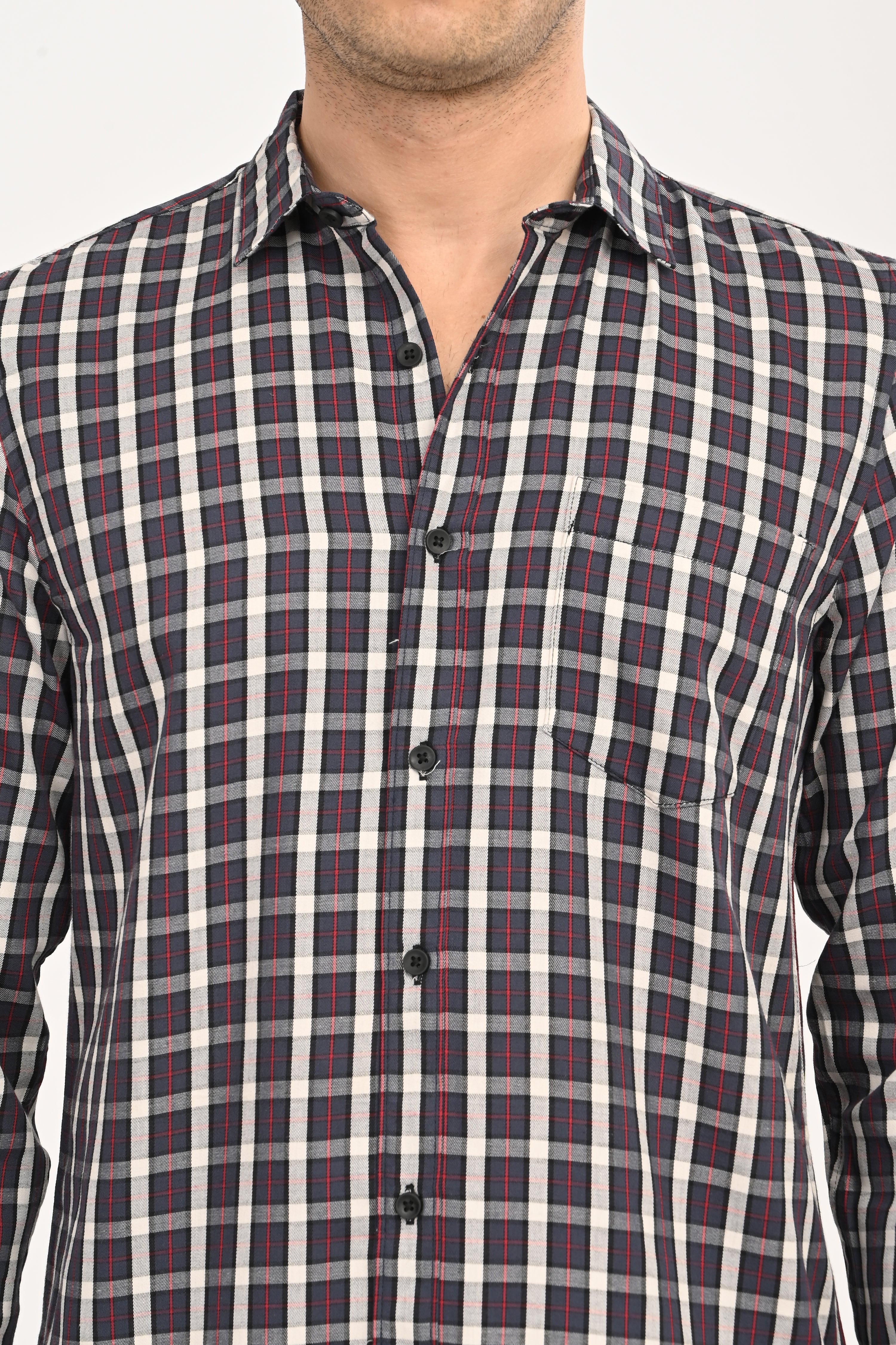 Men’s Slim Fit Checkered Shirt – Grey & Red Plaid Casual Long Sleeve Button-Down