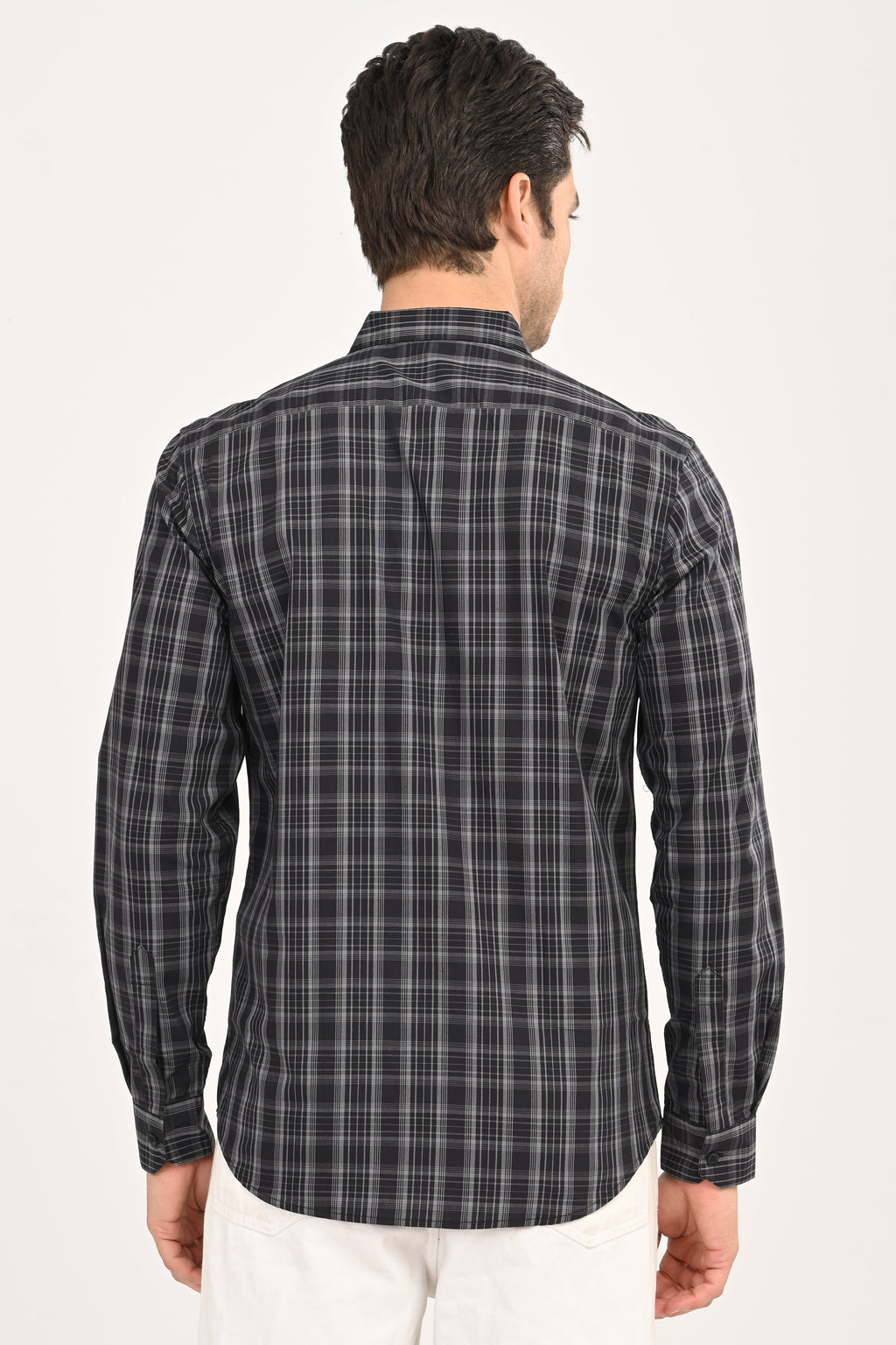 Men’s Slim Fit Checkered Shirt – Black &amp; Grey Plaid Casual Long Sleeve Button-Down