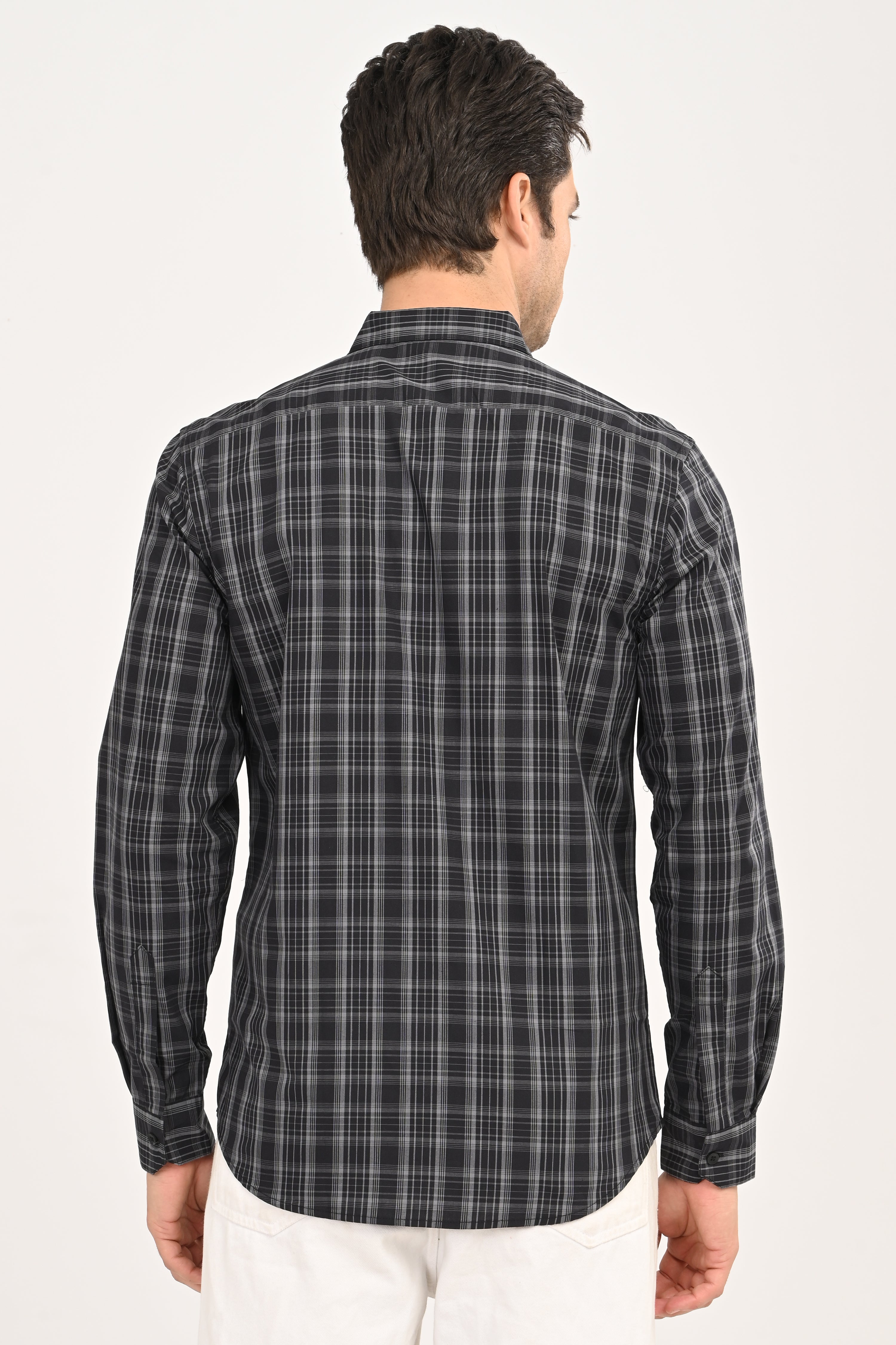 Men’s Slim Fit Checkered Shirt – Black &amp; Grey Plaid Casual Long Sleeve Button-Down