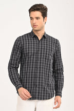 Men’s Slim Fit Checkered Shirt – Black &amp; Grey Plaid Casual Long Sleeve Button-Down