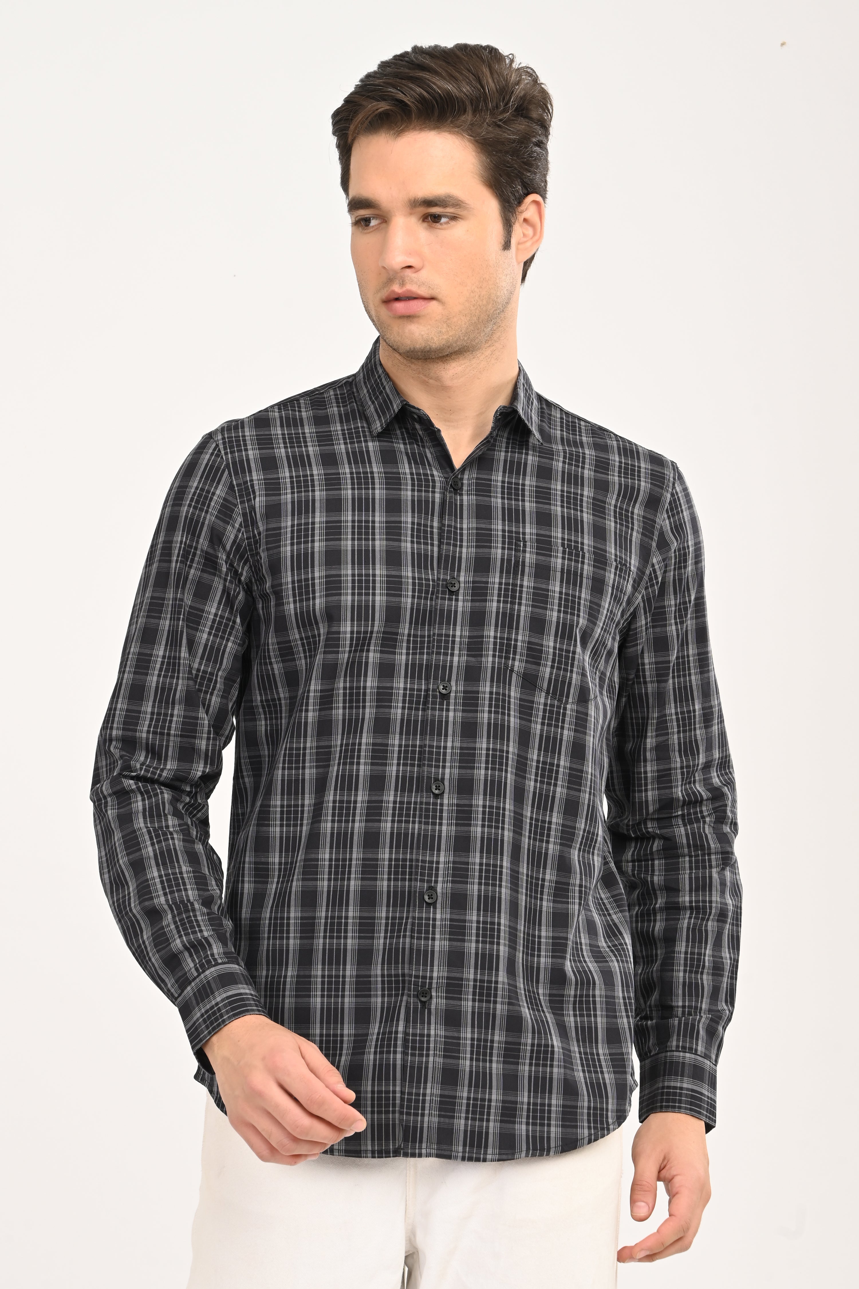 Men’s Slim Fit Checkered Shirt – Black &amp; Grey Plaid Casual Long Sleeve Button-Down