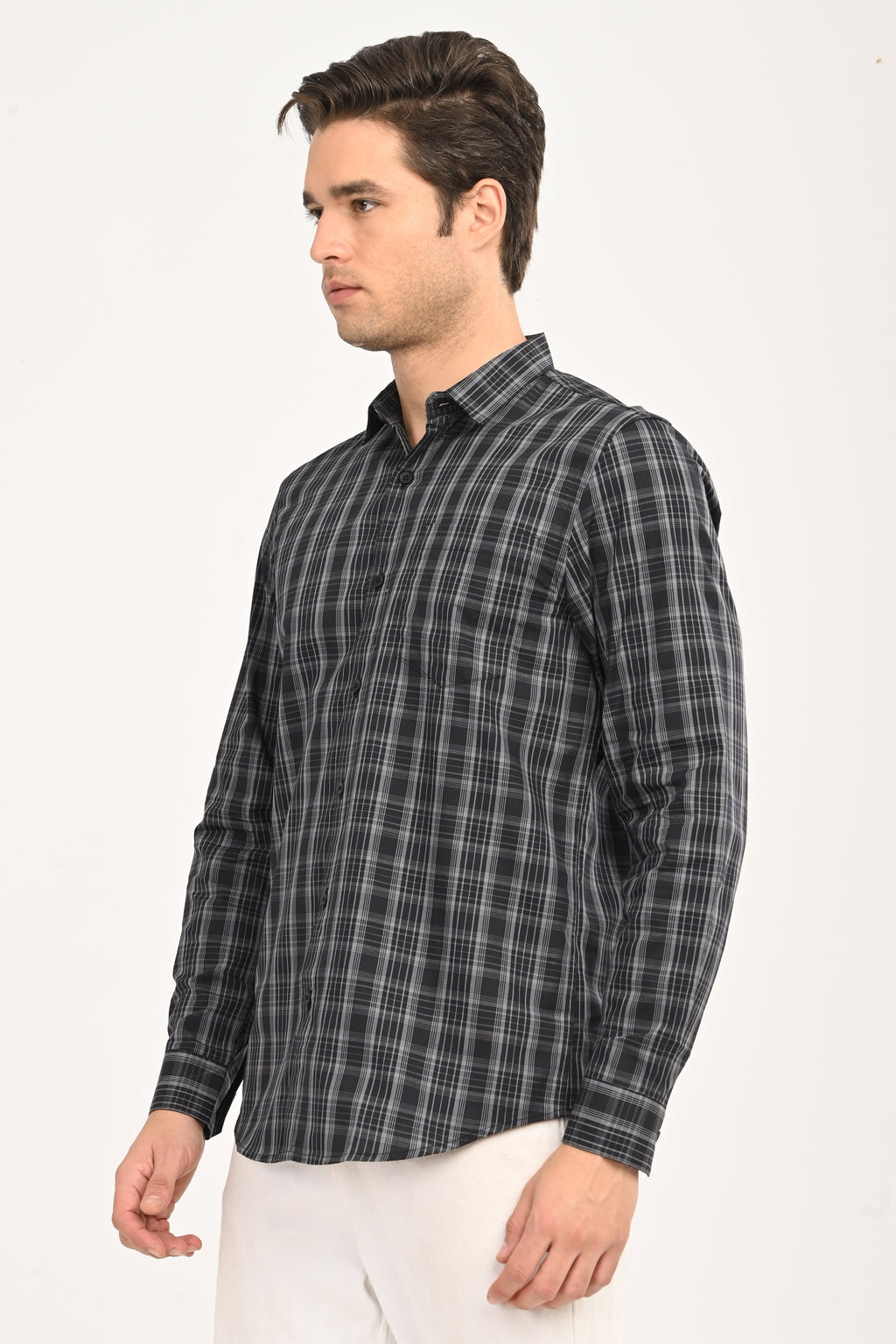 Men’s Slim Fit Checkered Shirt – Black &amp; Grey Plaid Casual Long Sleeve Button-Down