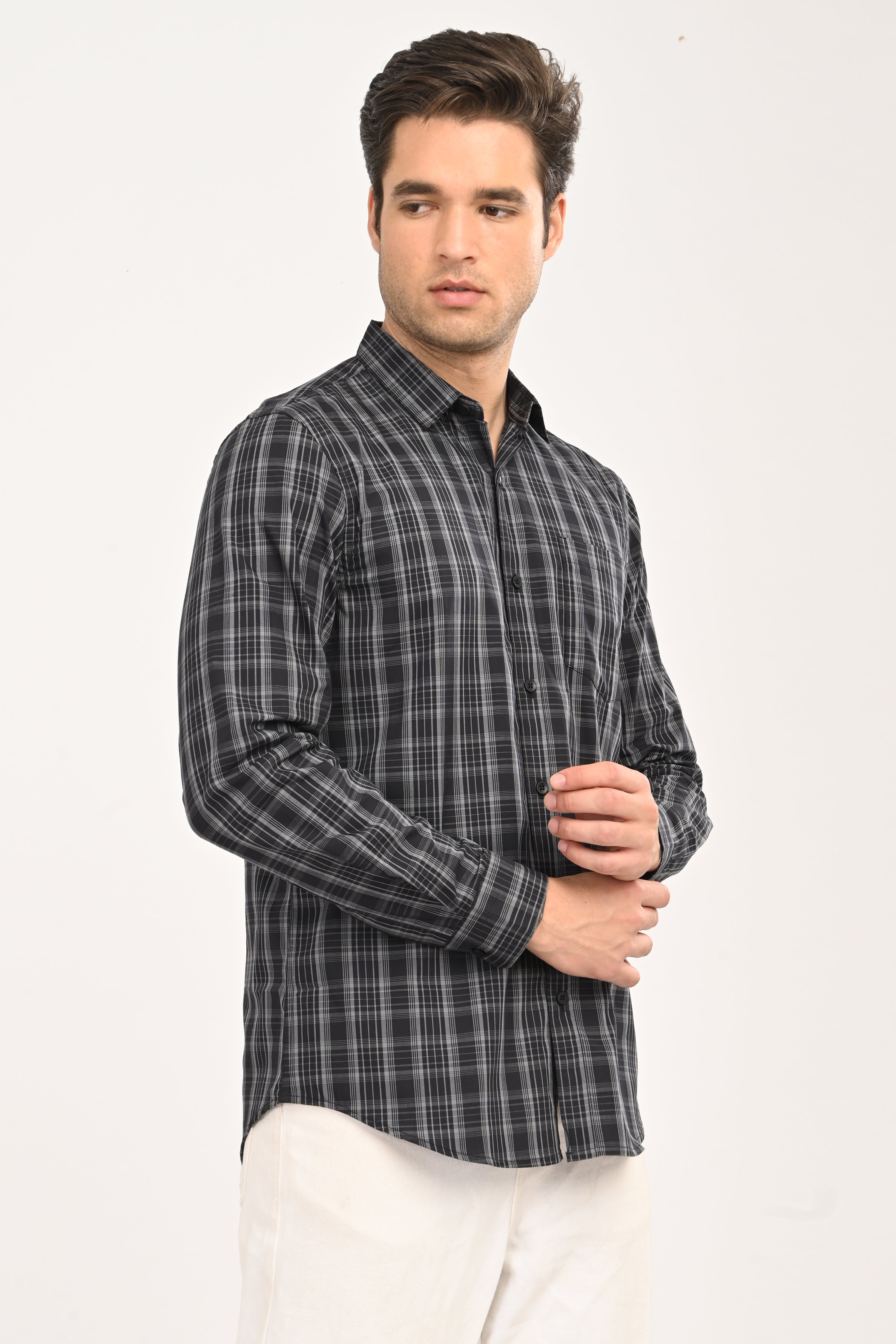 Men’s Slim Fit Checkered Shirt – Black &amp; Grey Plaid Casual Long Sleeve Button-Down
