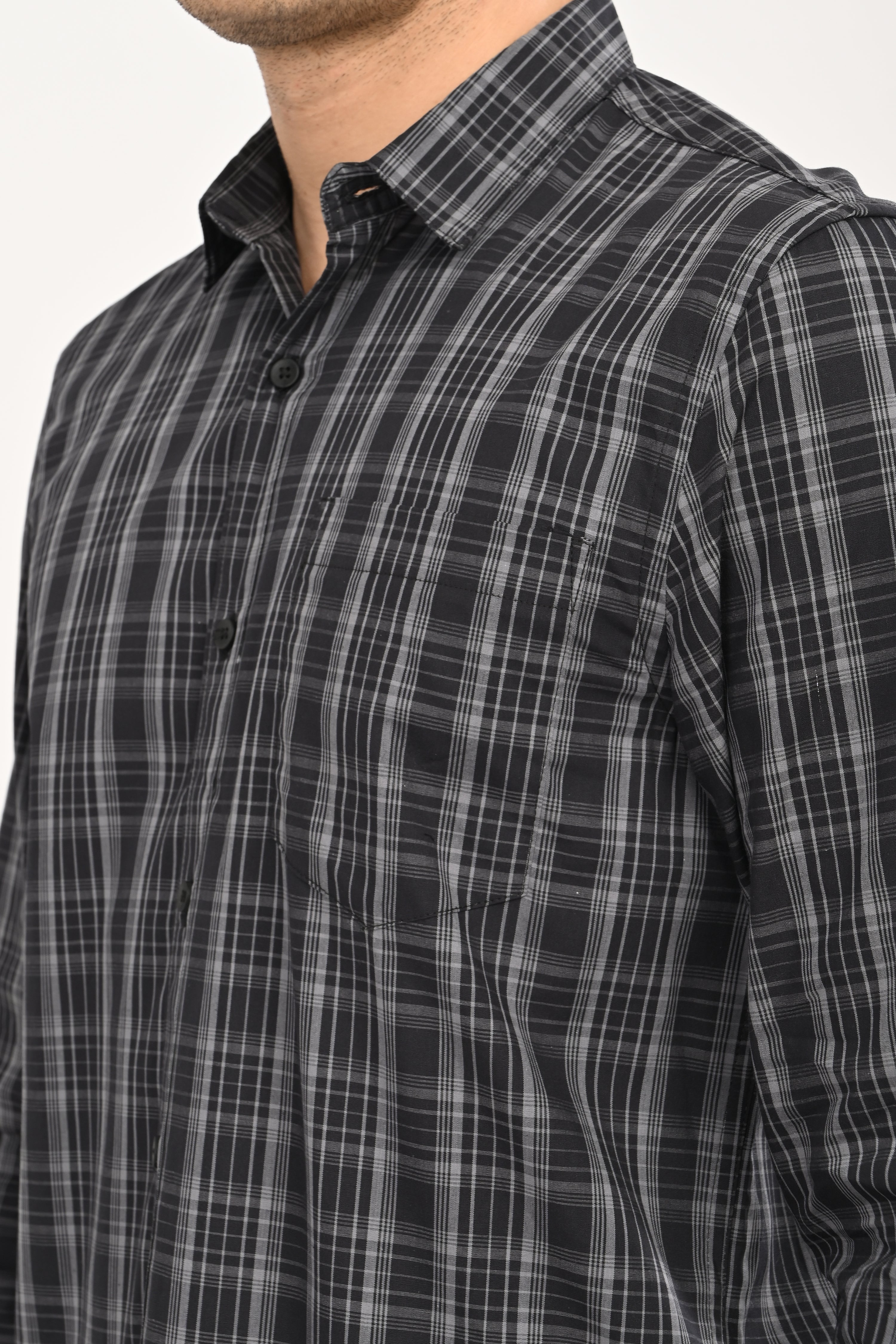 Men’s Slim Fit Checkered Shirt – Black &amp; Grey Plaid Casual Long Sleeve Button-Down