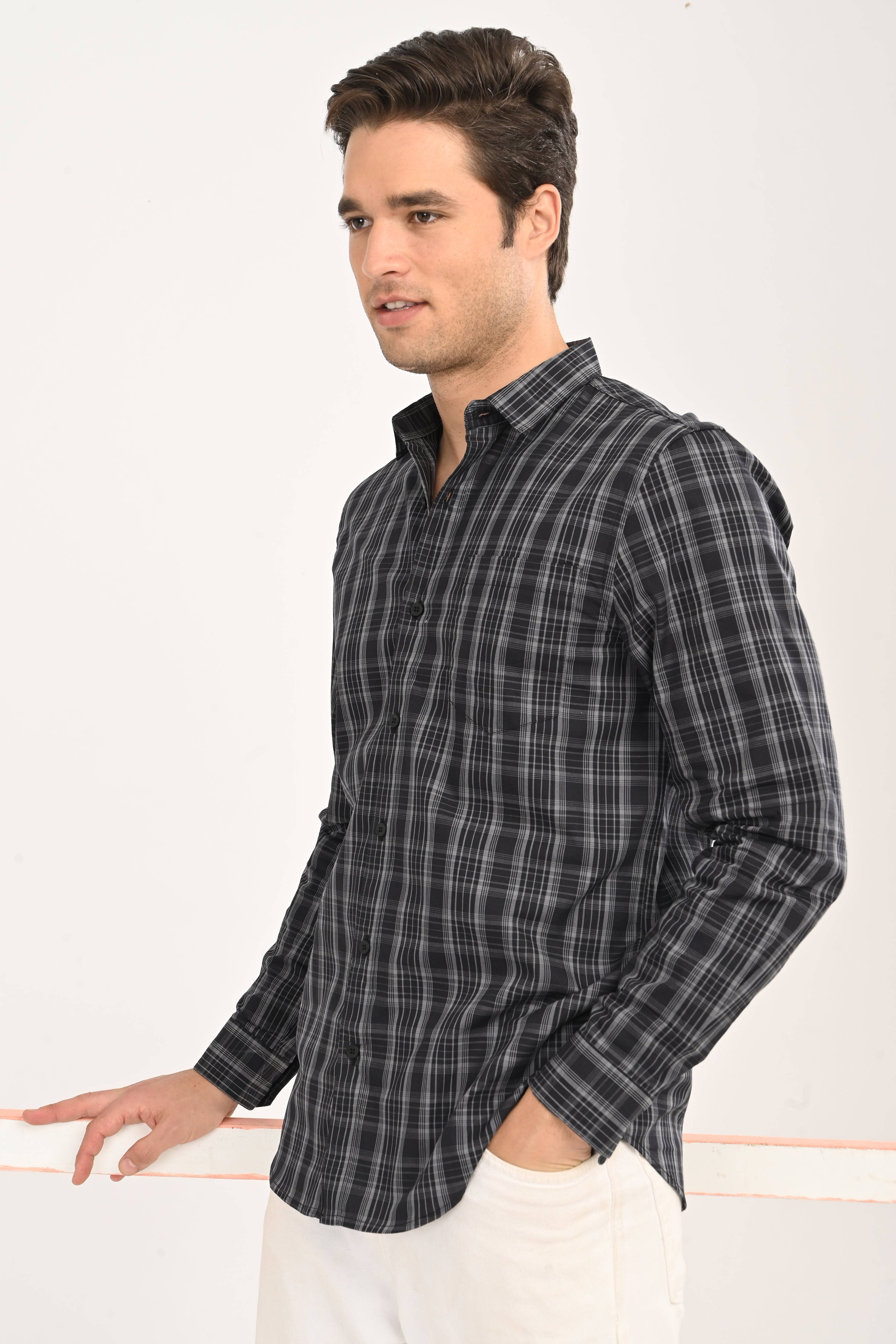 Men’s Slim Fit Checkered Shirt – Black &amp; Grey Plaid Casual Long Sleeve Button-Down
