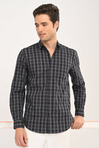 Men’s Slim Fit Checkered Shirt – Black &amp; Grey Plaid Casual Long Sleeve Button-Down