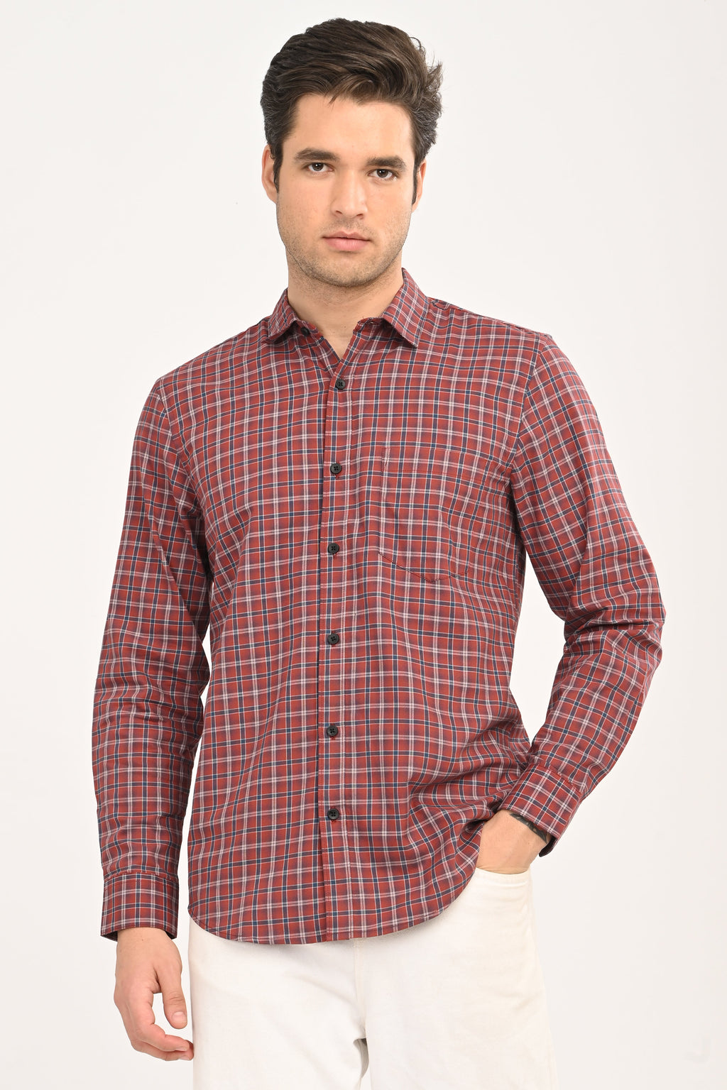 Men’s Slim Fit Checkered Shirt – Red &amp; Navy Plaid Casual Long Sleeve Button-Down
