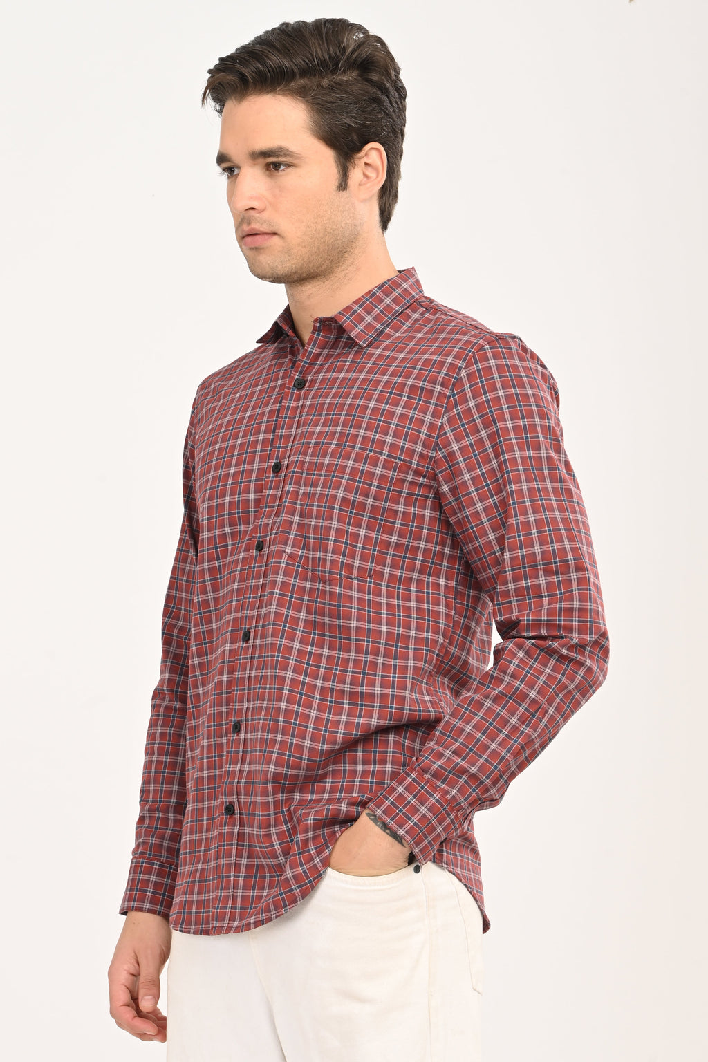 Men’s Slim Fit Checkered Shirt – Red &amp; Navy Plaid Casual Long Sleeve Button-Down