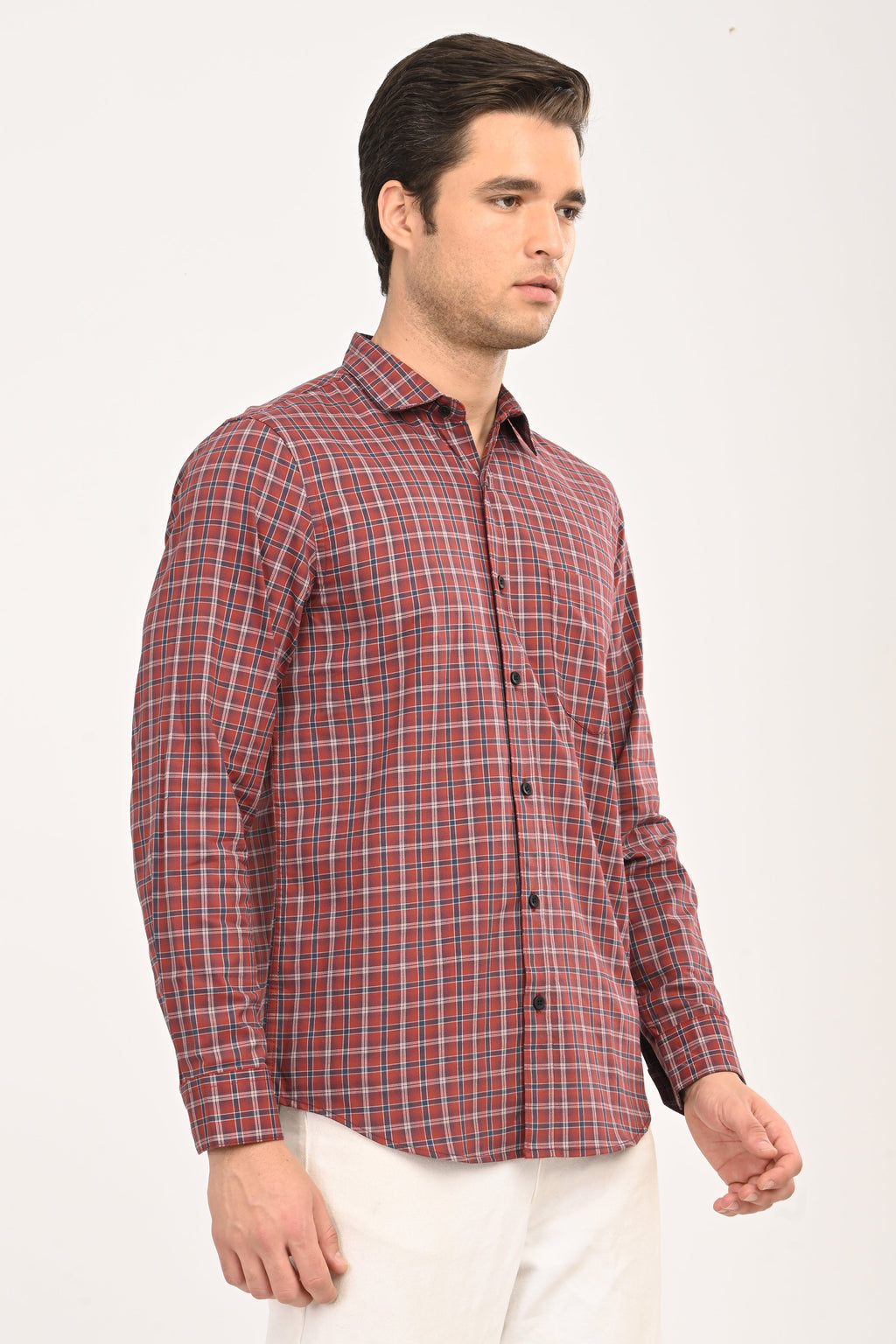 Men’s Slim Fit Checkered Shirt – Red &amp; Navy Plaid Casual Long Sleeve Button-Down