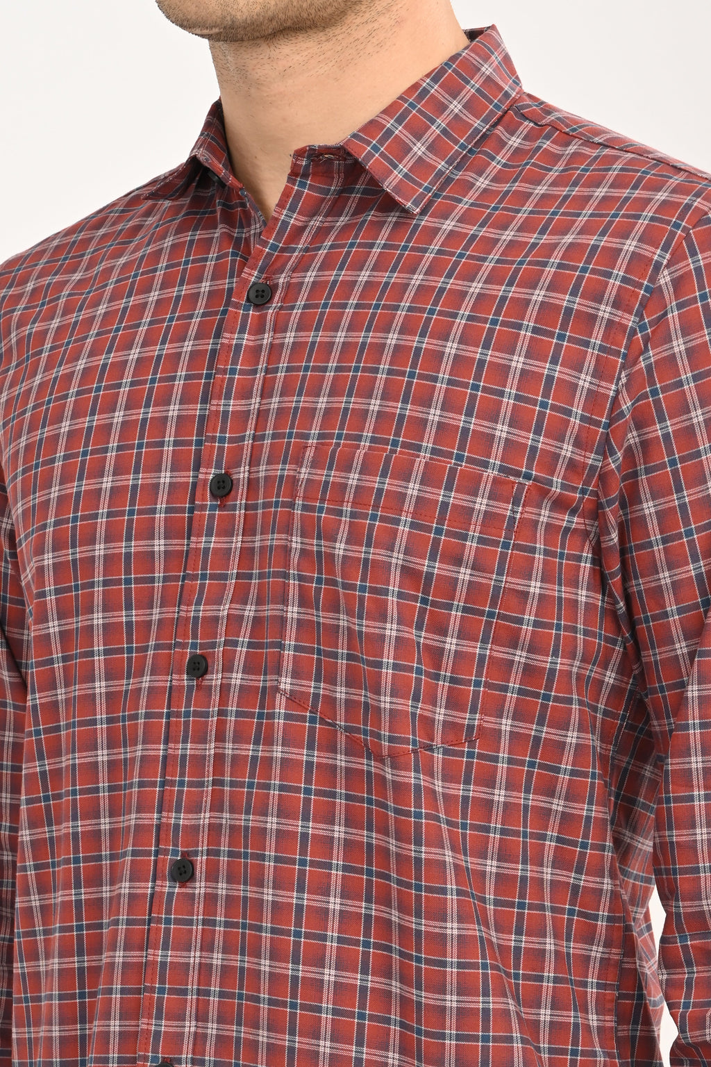 Men’s Slim Fit Checkered Shirt – Red &amp; Navy Plaid Casual Long Sleeve Button-Down