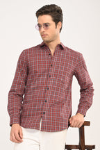 Men’s Slim Fit Checkered Shirt – Red &amp; Navy Plaid Casual Long Sleeve Button-Down