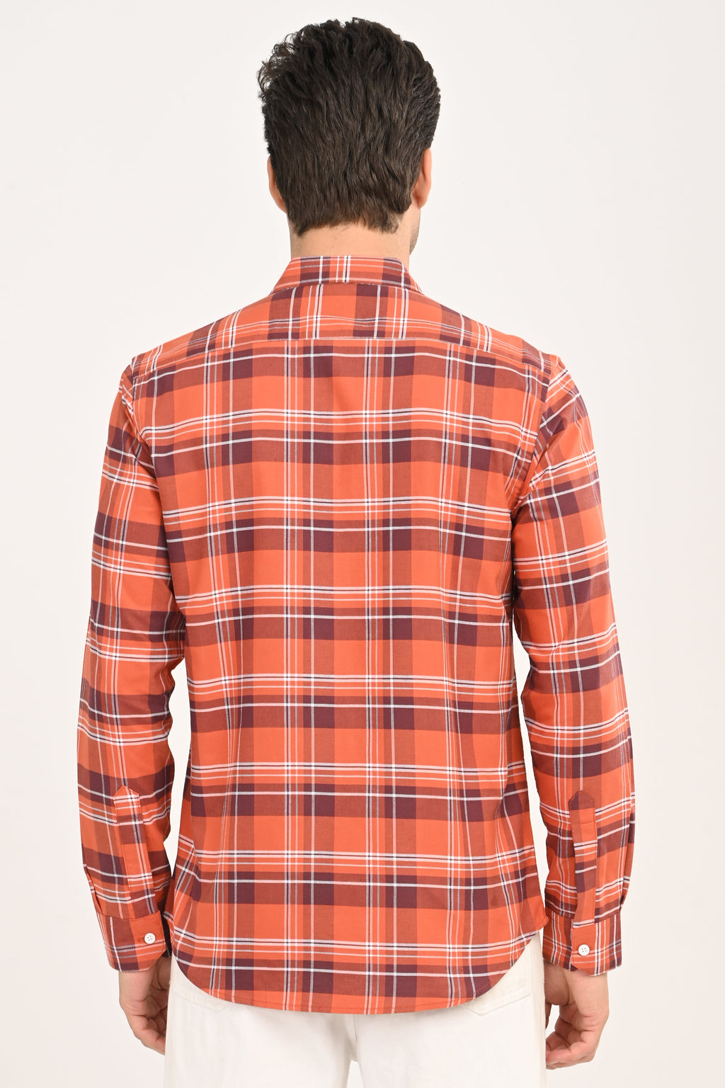 Men’s Orange Checked Casual Shirt – Slim Fit, Full Sleeve Cotton Plaid Shirt