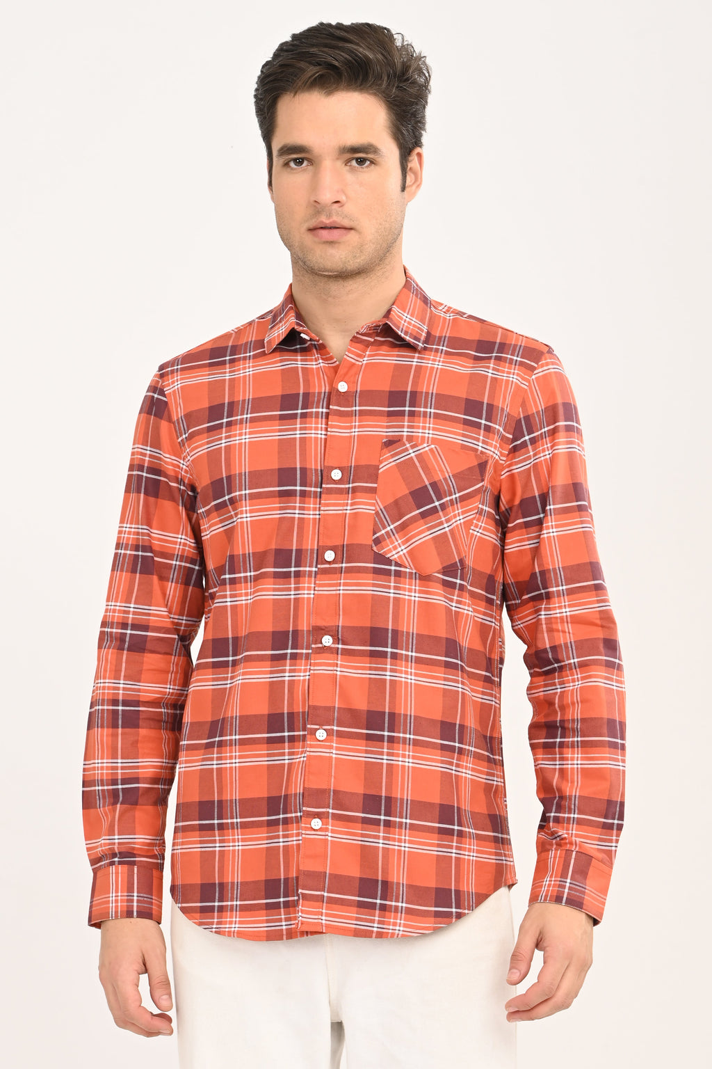 Men’s Orange Checked Casual Shirt – Slim Fit, Full Sleeve Cotton Plaid Shirt