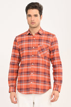 Men’s Orange Checked Casual Shirt – Slim Fit, Full Sleeve Cotton Plaid Shirt