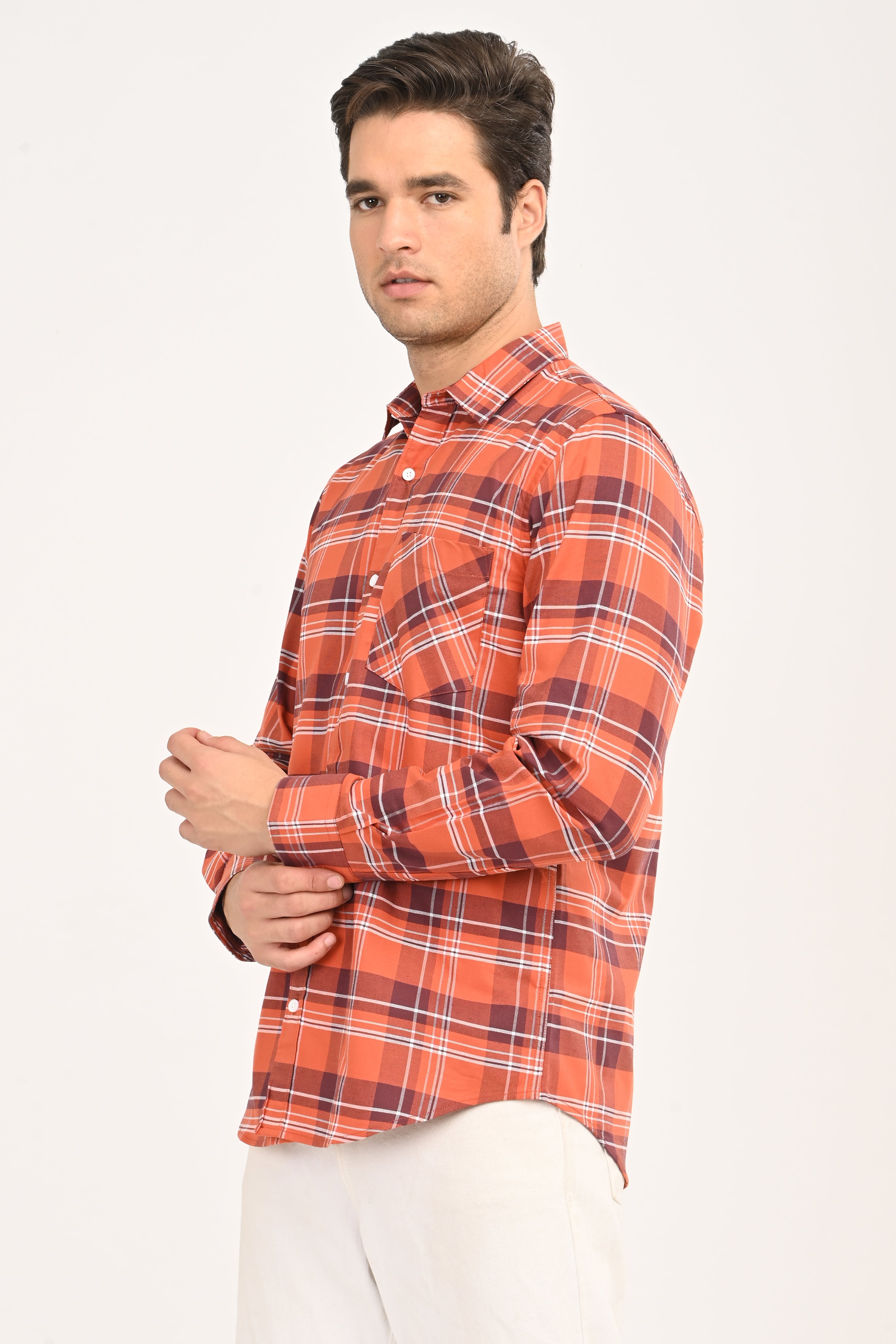 Men’s Orange Checked Casual Shirt – Slim Fit, Full Sleeve Cotton Plaid Shirt