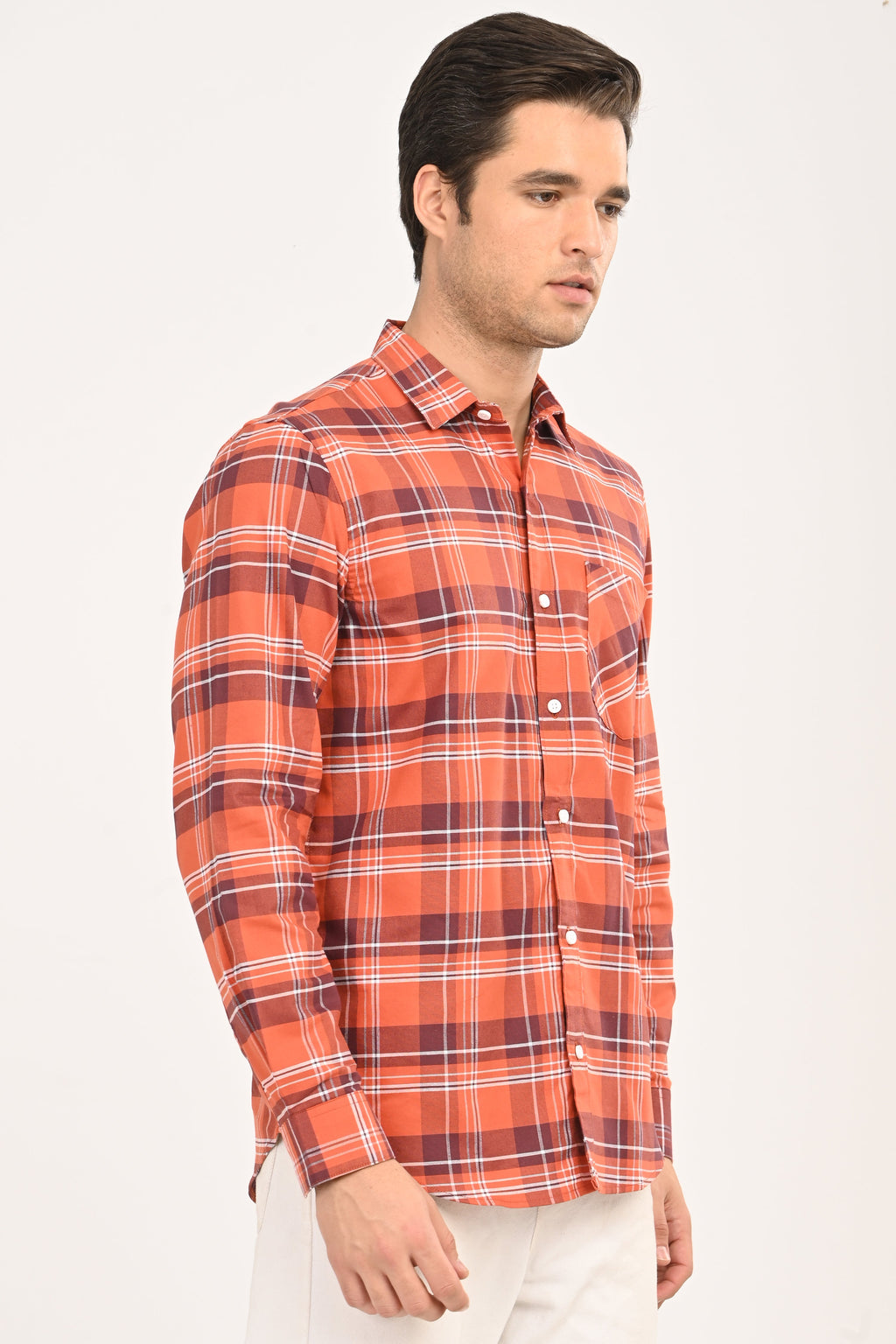Men’s Orange Checked Casual Shirt – Slim Fit, Full Sleeve Cotton Plaid Shirt