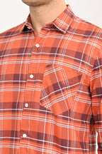 Men’s Orange Checked Casual Shirt – Slim Fit, Full Sleeve Cotton Plaid Shirt