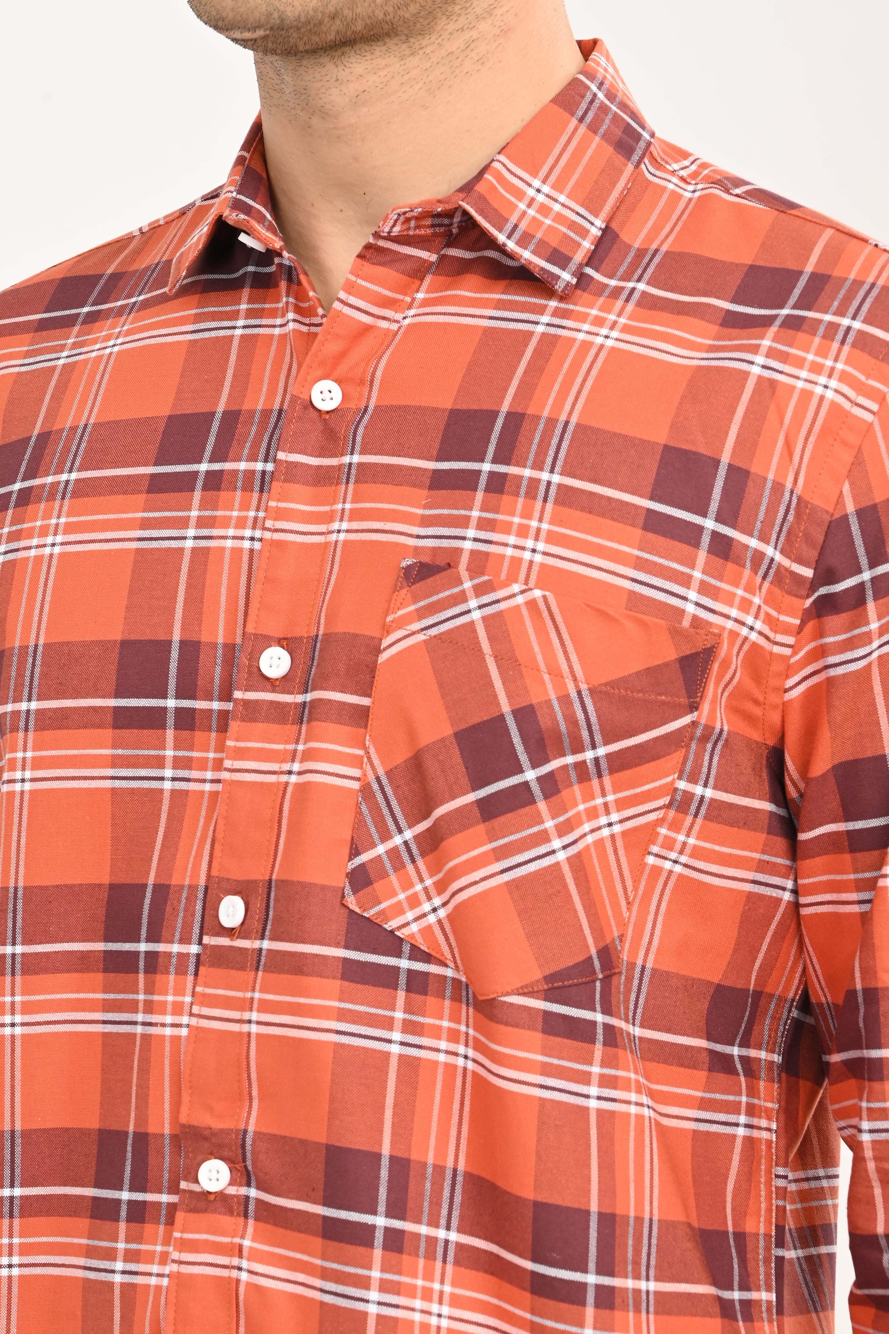 Men’s Orange Checked Casual Shirt – Slim Fit, Full Sleeve Cotton Plaid Shirt