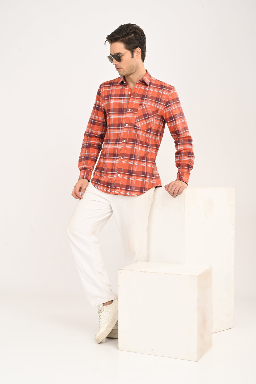 Men’s Orange Checked Casual Shirt – Slim Fit, Full Sleeve Cotton Plaid Shirt