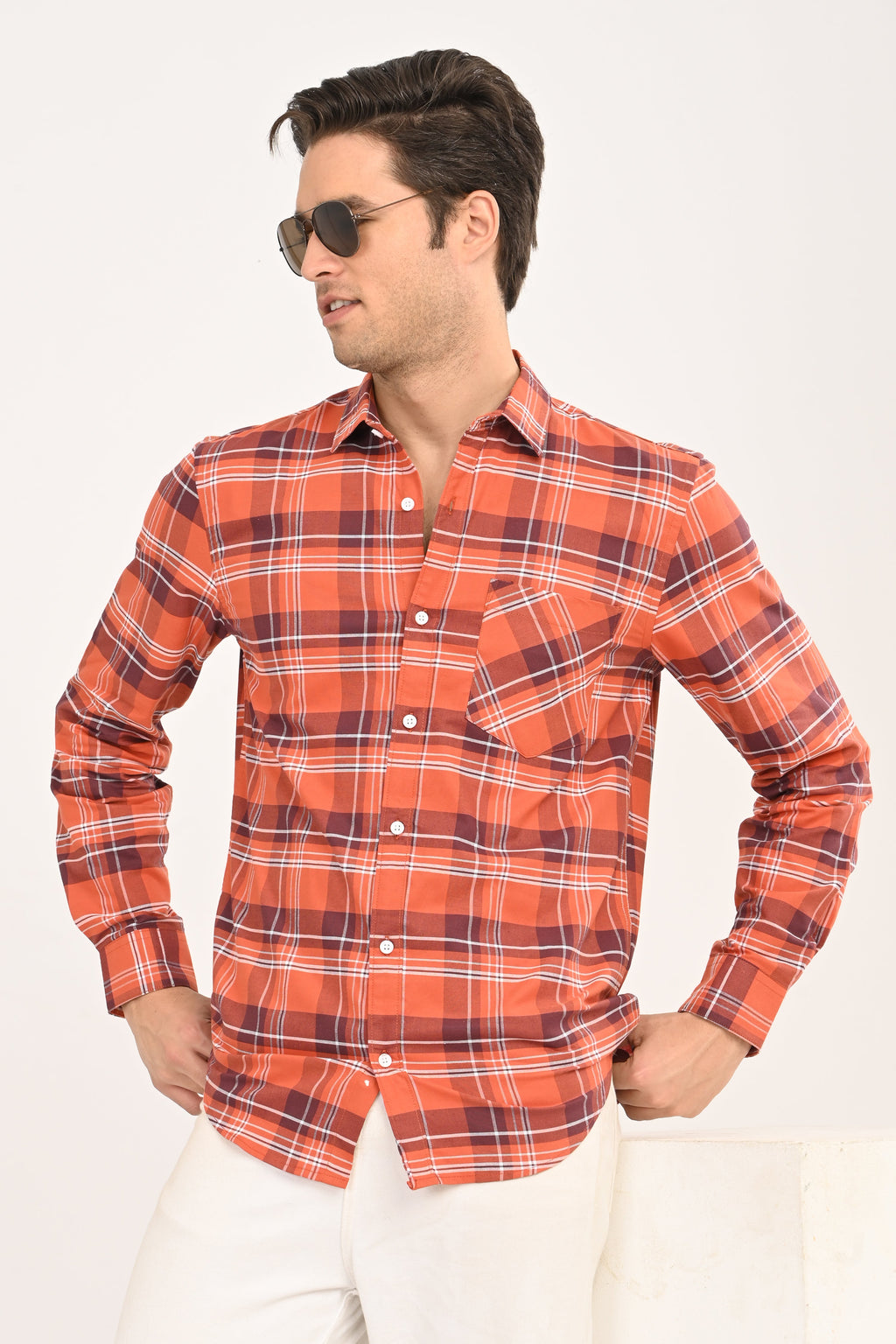 Men’s Orange Checked Casual Shirt – Slim Fit, Full Sleeve Cotton Plaid Shirt