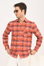 Men’s Orange Checked Casual Shirt – Slim Fit, Full Sleeve Cotton Plaid Shirt