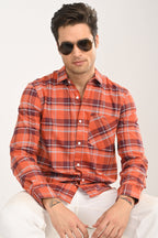 Men’s Orange Checked Casual Shirt – Slim Fit, Full Sleeve Cotton Plaid Shirt