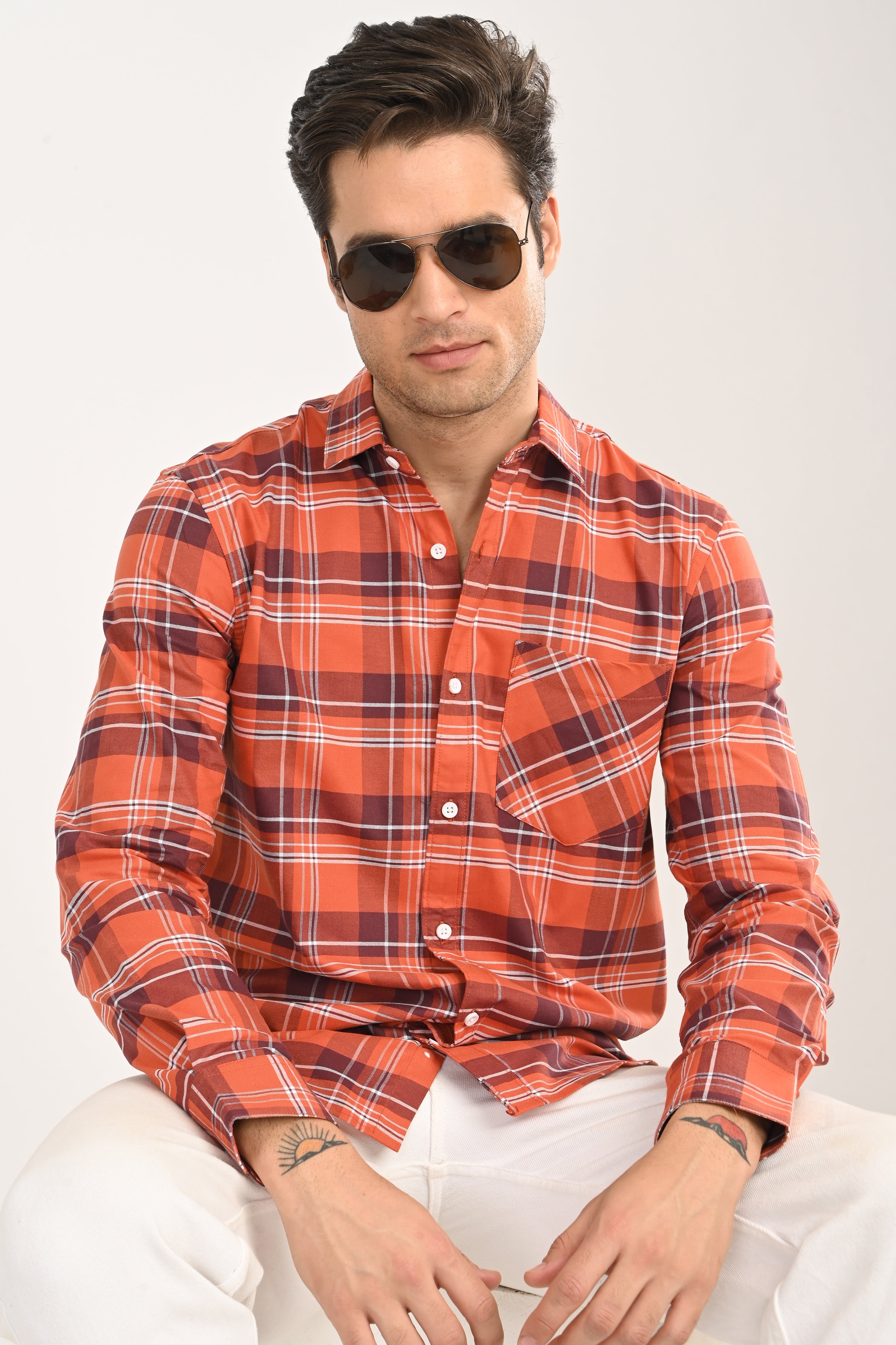 Men’s Orange Checked Casual Shirt – Slim Fit, Full Sleeve Cotton Plaid Shirt