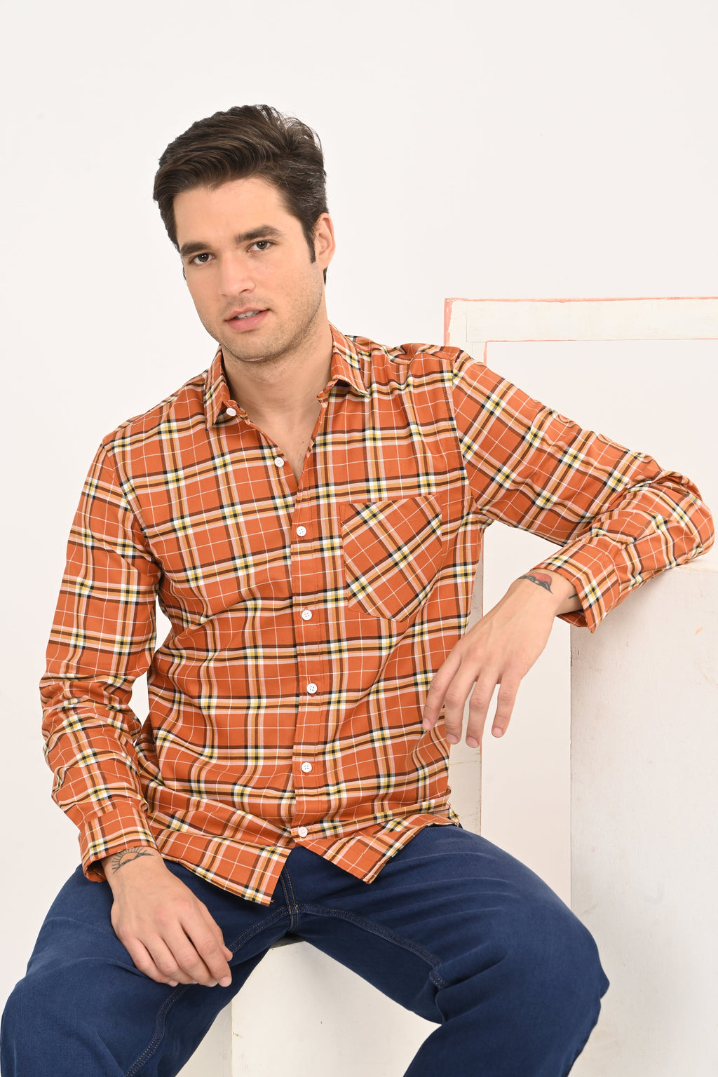 Men’s Burnt Orange Plaid Cotton Shirt - Slim Fit Casual Button-Down