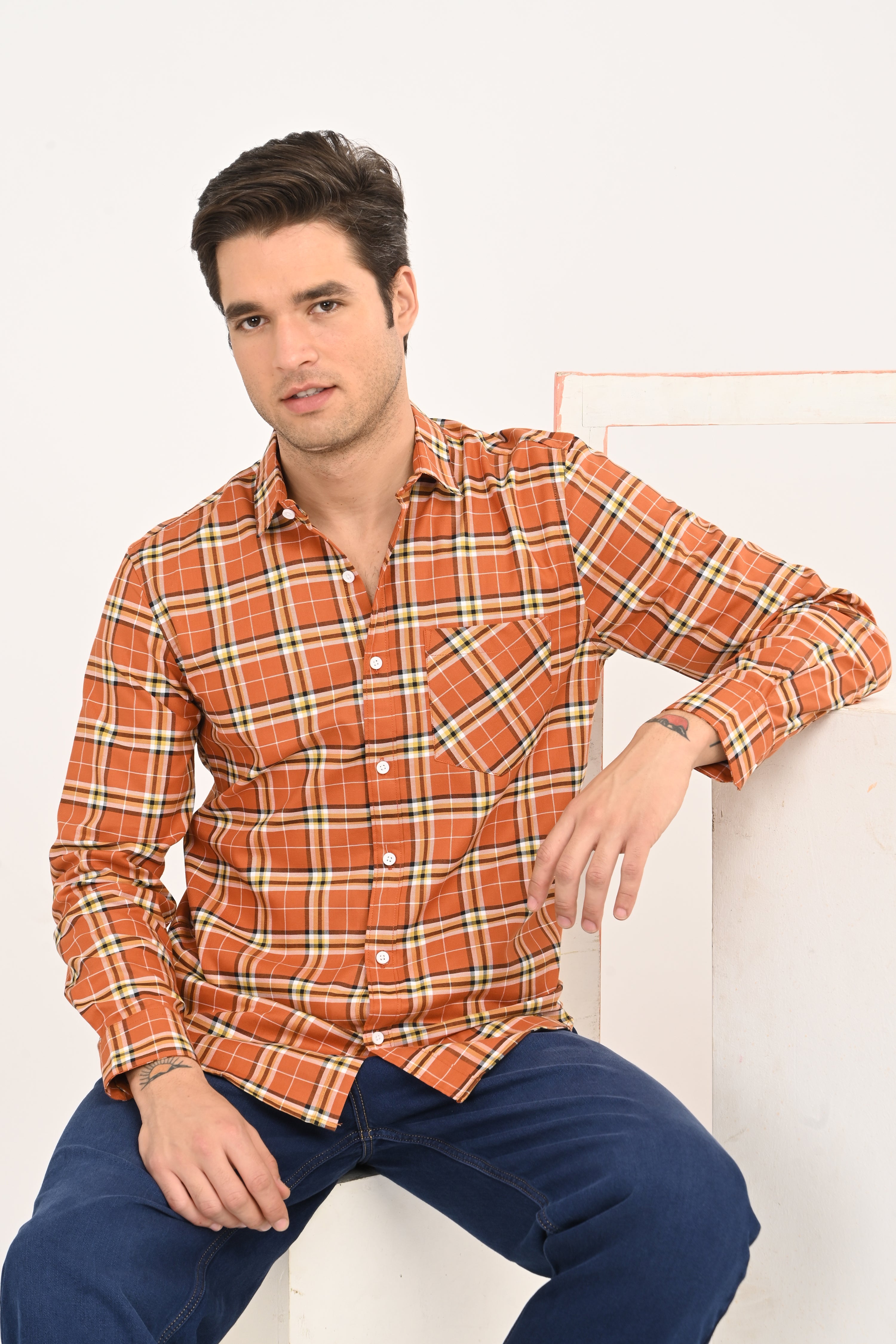 Men’s Burnt Orange Plaid Cotton Shirt - Slim Fit Casual Button-Down