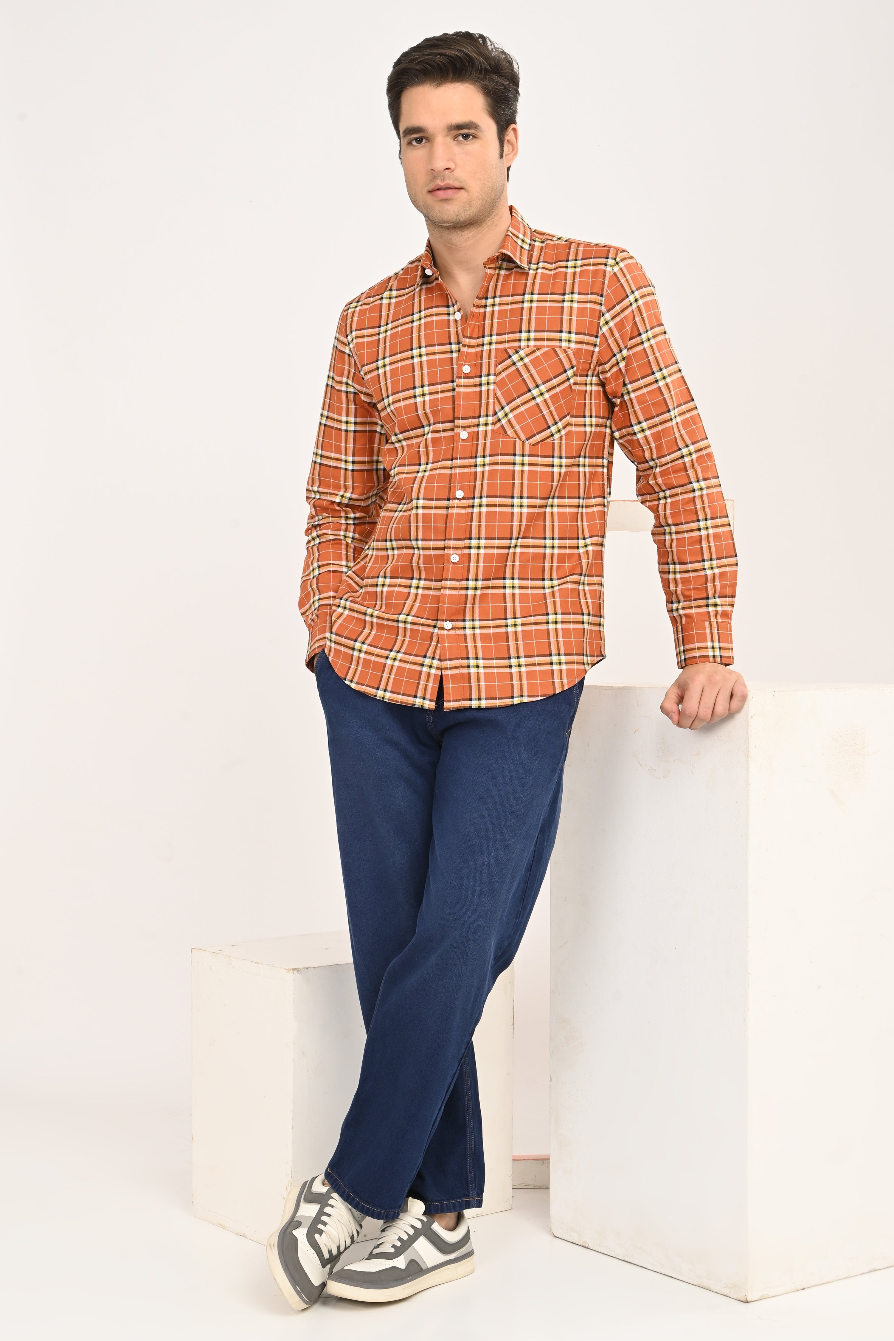 Men’s Burnt Orange Plaid Cotton Shirt - Slim Fit Casual Button-Down