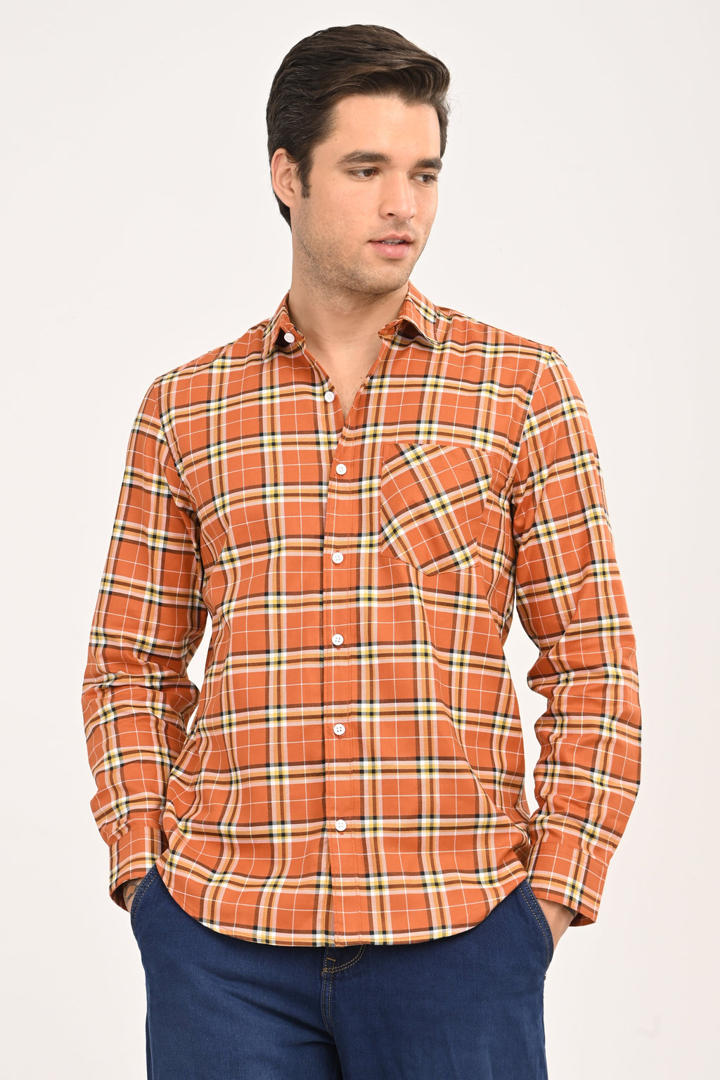Men’s Burnt Orange Plaid Cotton Shirt - Slim Fit Casual Button-Down