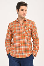 Men’s Burnt Orange Plaid Cotton Shirt - Slim Fit Casual Button-Down